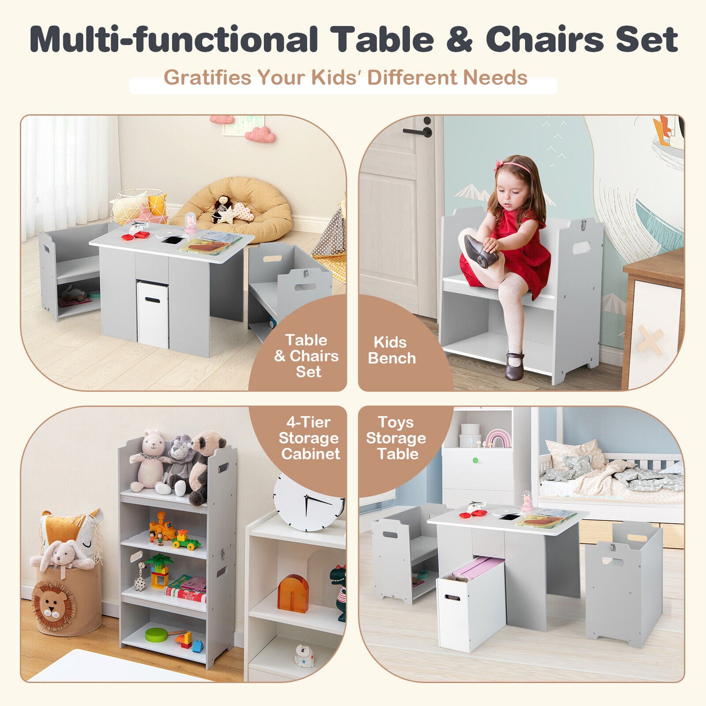 4-in-1 Kids Table and Chairs with Multiple Storage for Learning-Gray Kids Crystal