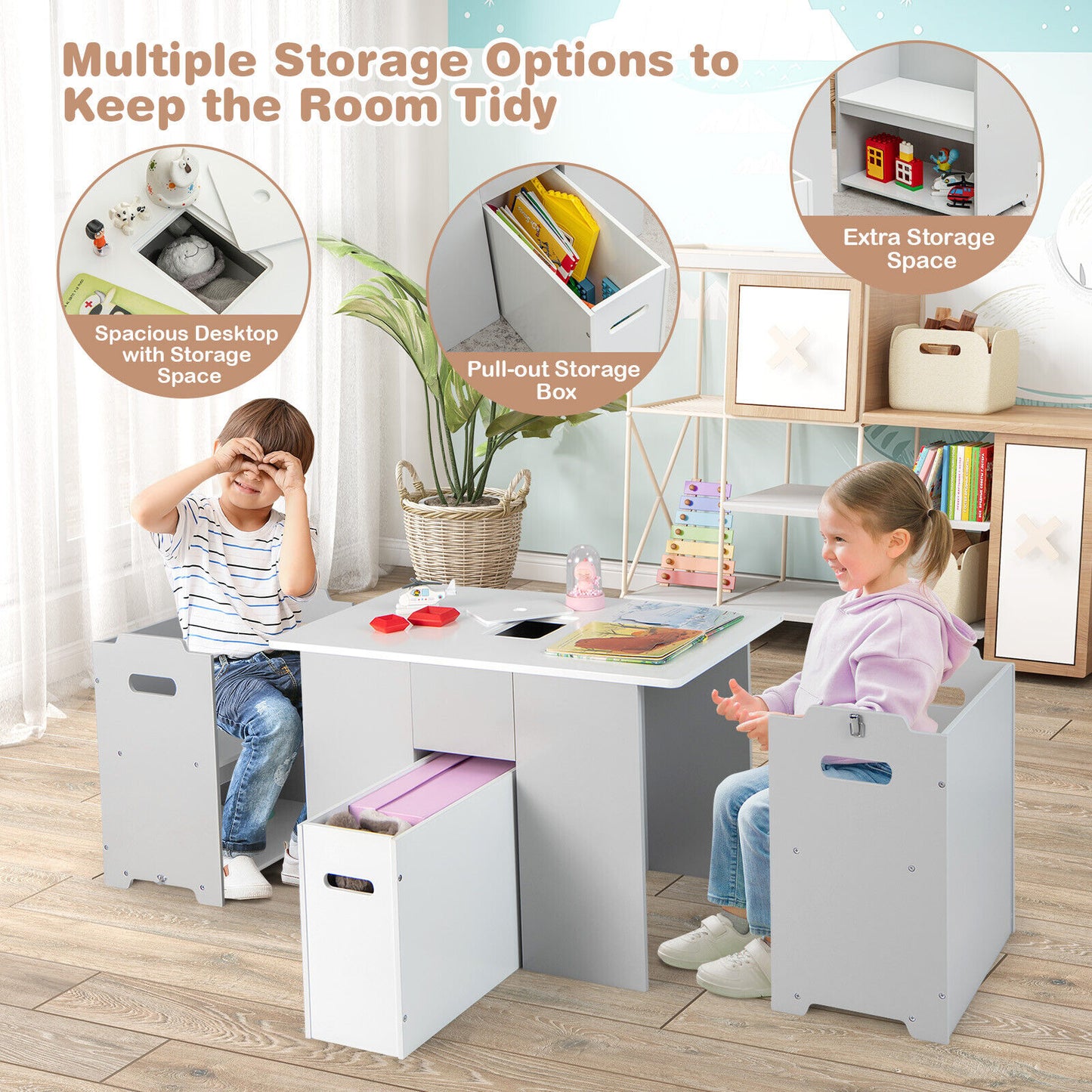 4-in-1 Kids Table and Chairs with Multiple Storage for Learning-Gray Kids Crystal