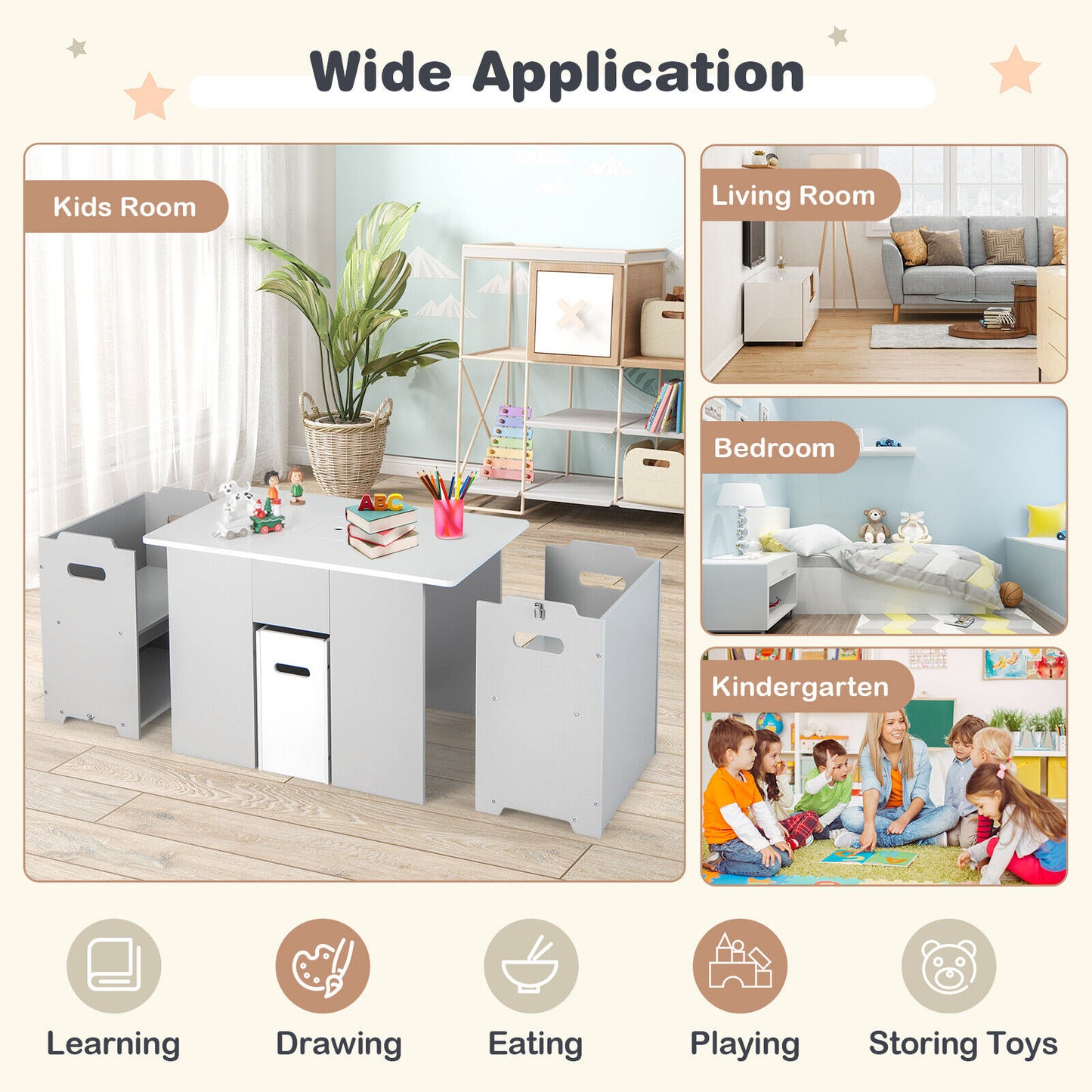 4-in-1 Kids Table and Chairs with Multiple Storage for Learning-Gray Kids Crystal