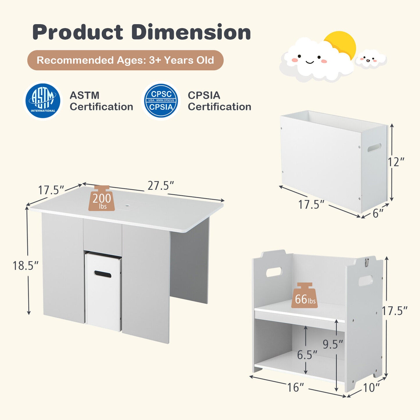 4-in-1 Kids Table and Chairs with Multiple Storage for Learning-Gray Kids Crystal