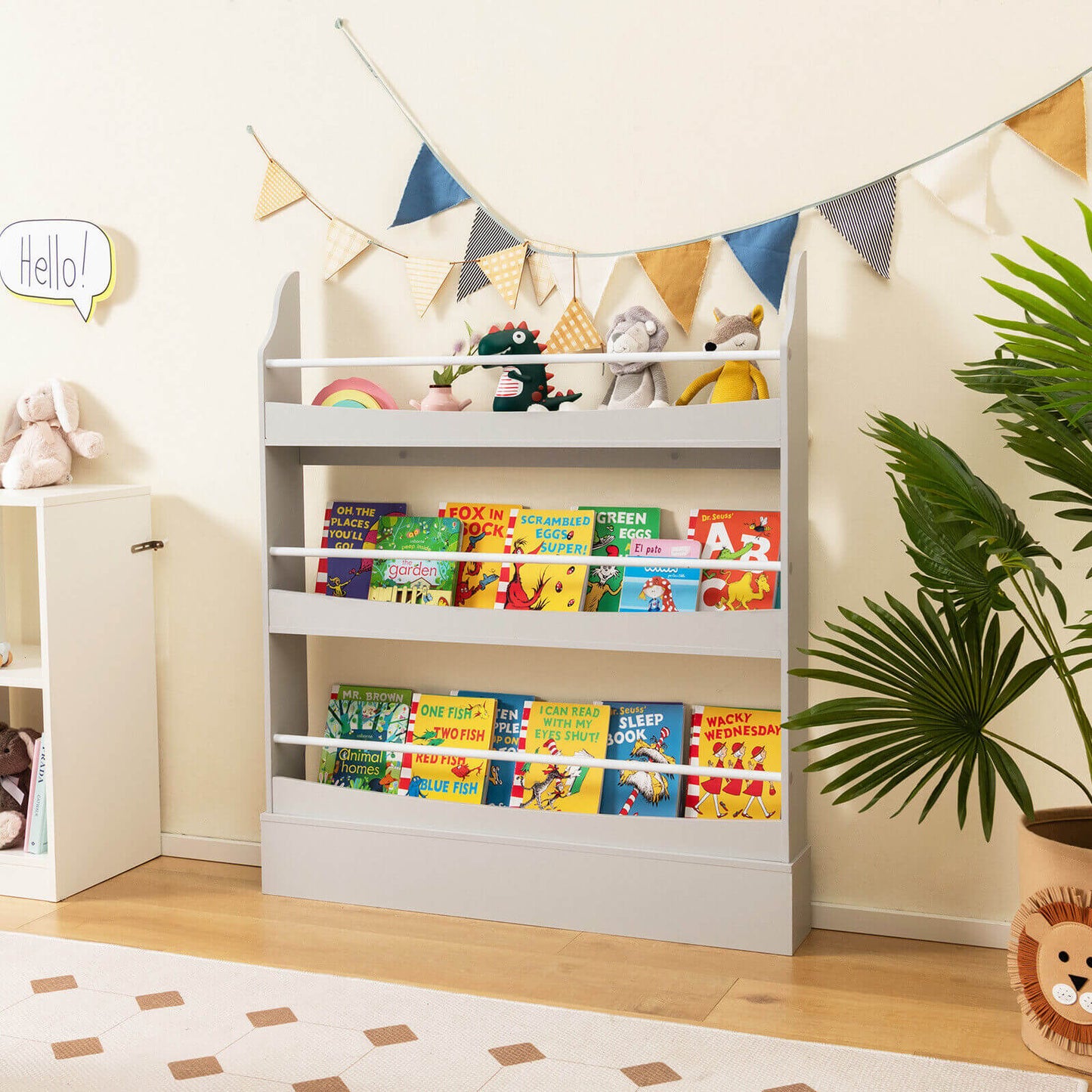 3-Tier Bookshelf with 2 Anti-Tipping Kits for Books and Magazines-Gray Kids Crystal