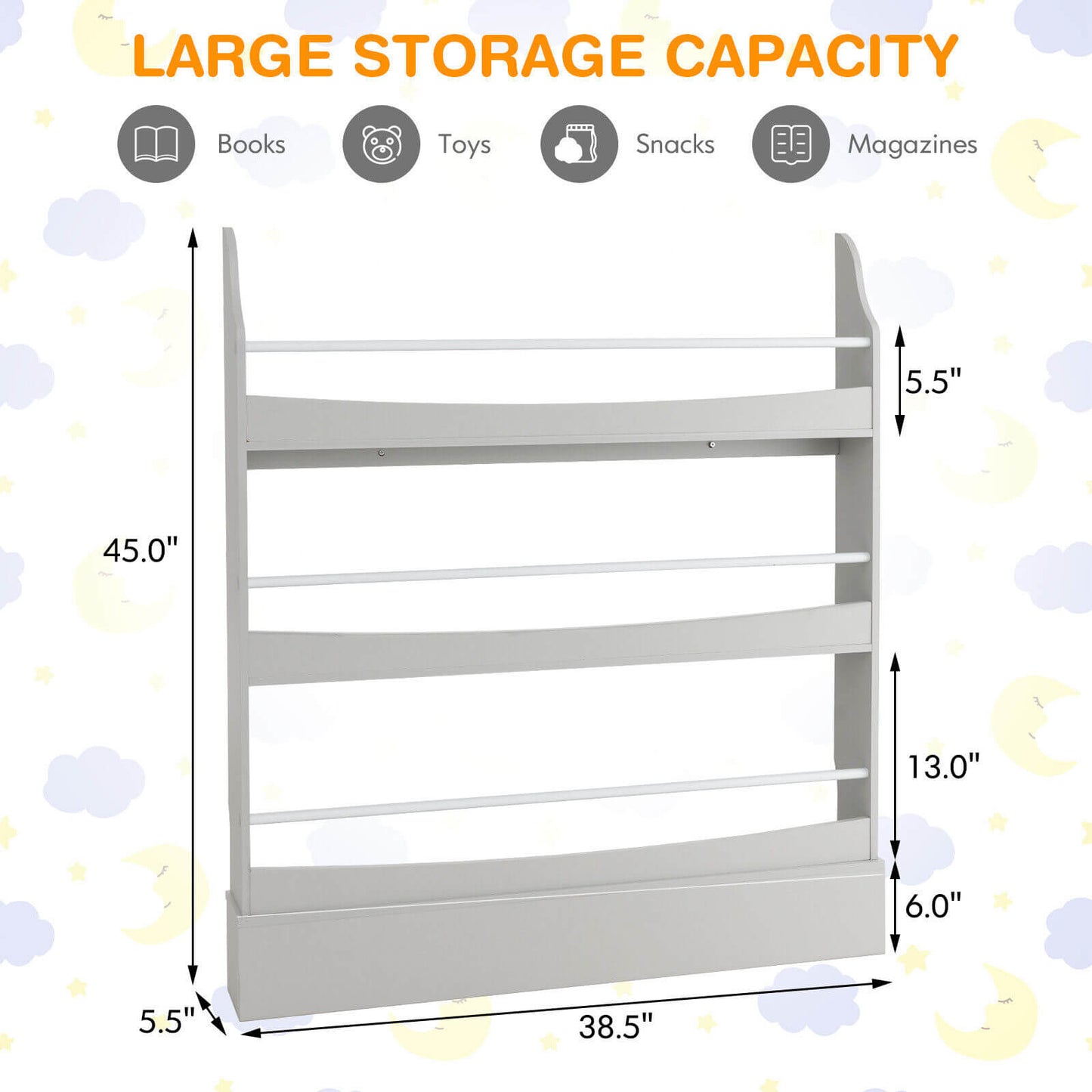 3-Tier Bookshelf with 2 Anti-Tipping Kits for Books and Magazines-Gray Kids Crystal