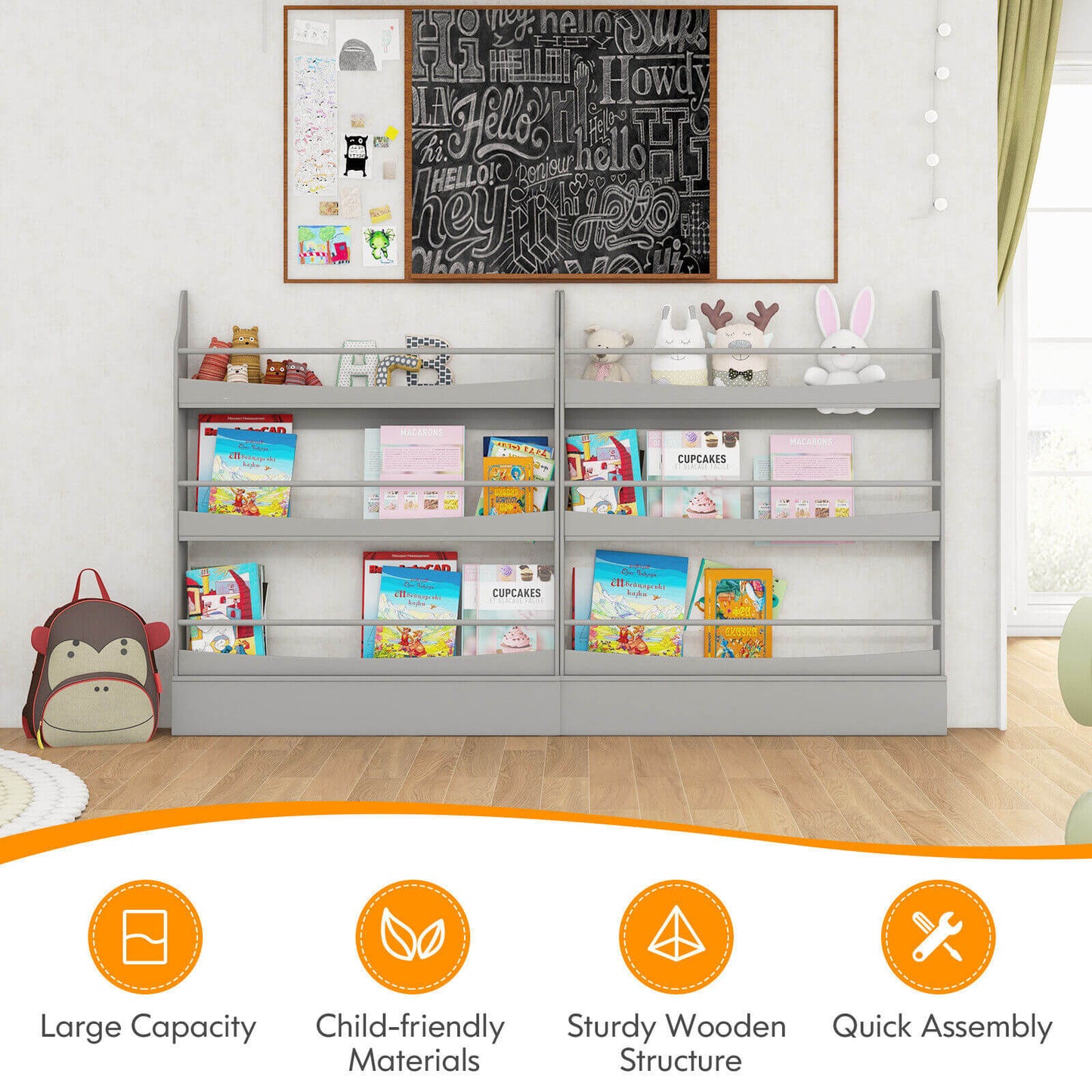 3-Tier Bookshelf with 2 Anti-Tipping Kits for Books and Magazines-Gray Kids Crystal