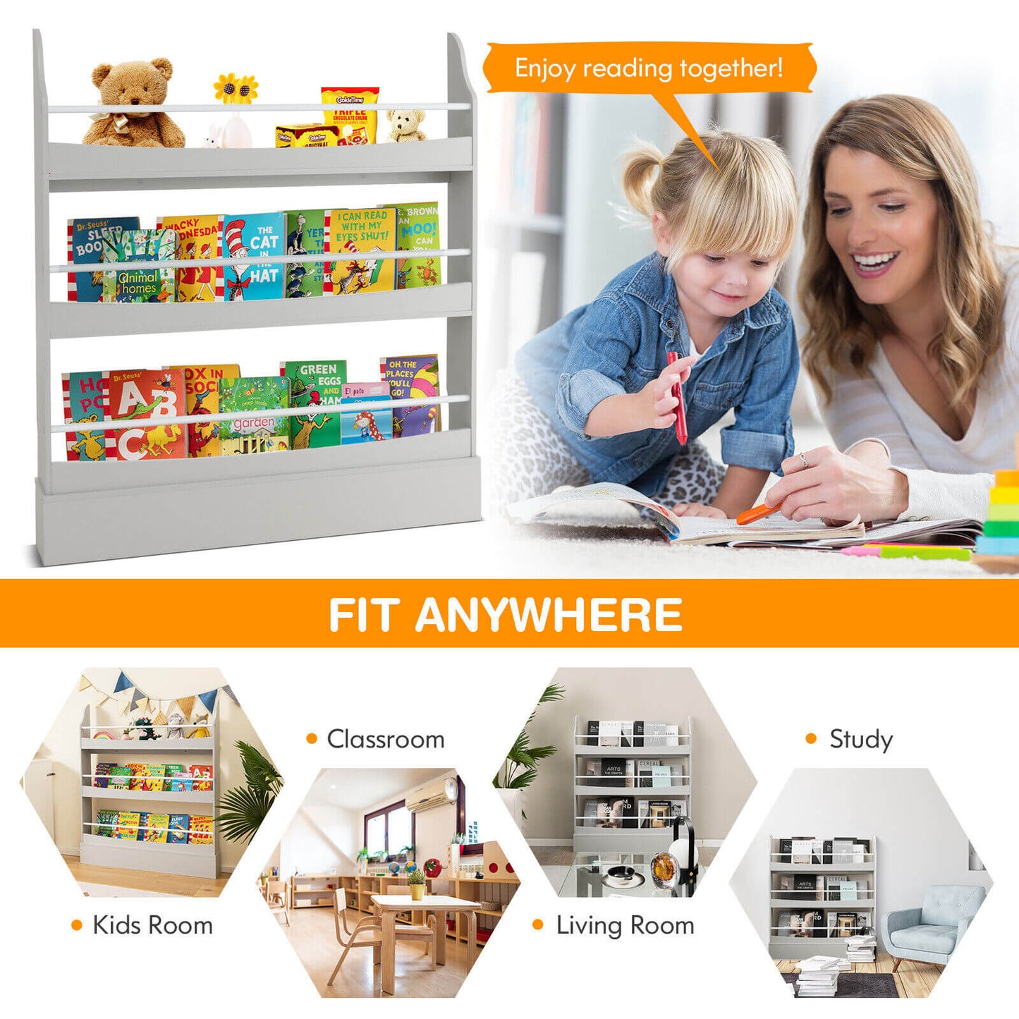 3-Tier Bookshelf with 2 Anti-Tipping Kits for Books and Magazines-Gray Kids Crystal