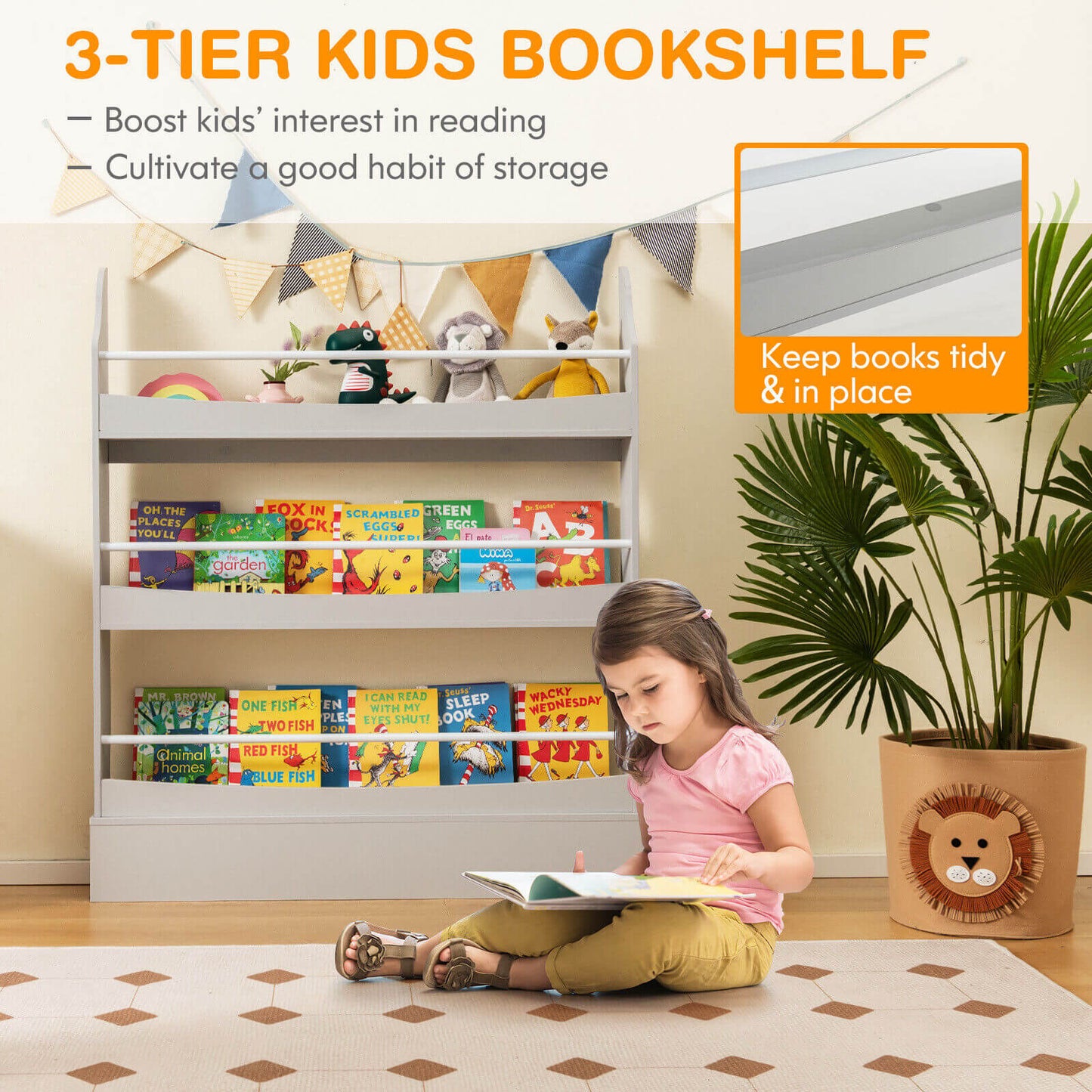 3-Tier Bookshelf with 2 Anti-Tipping Kits for Books and Magazines-Gray Kids Crystal