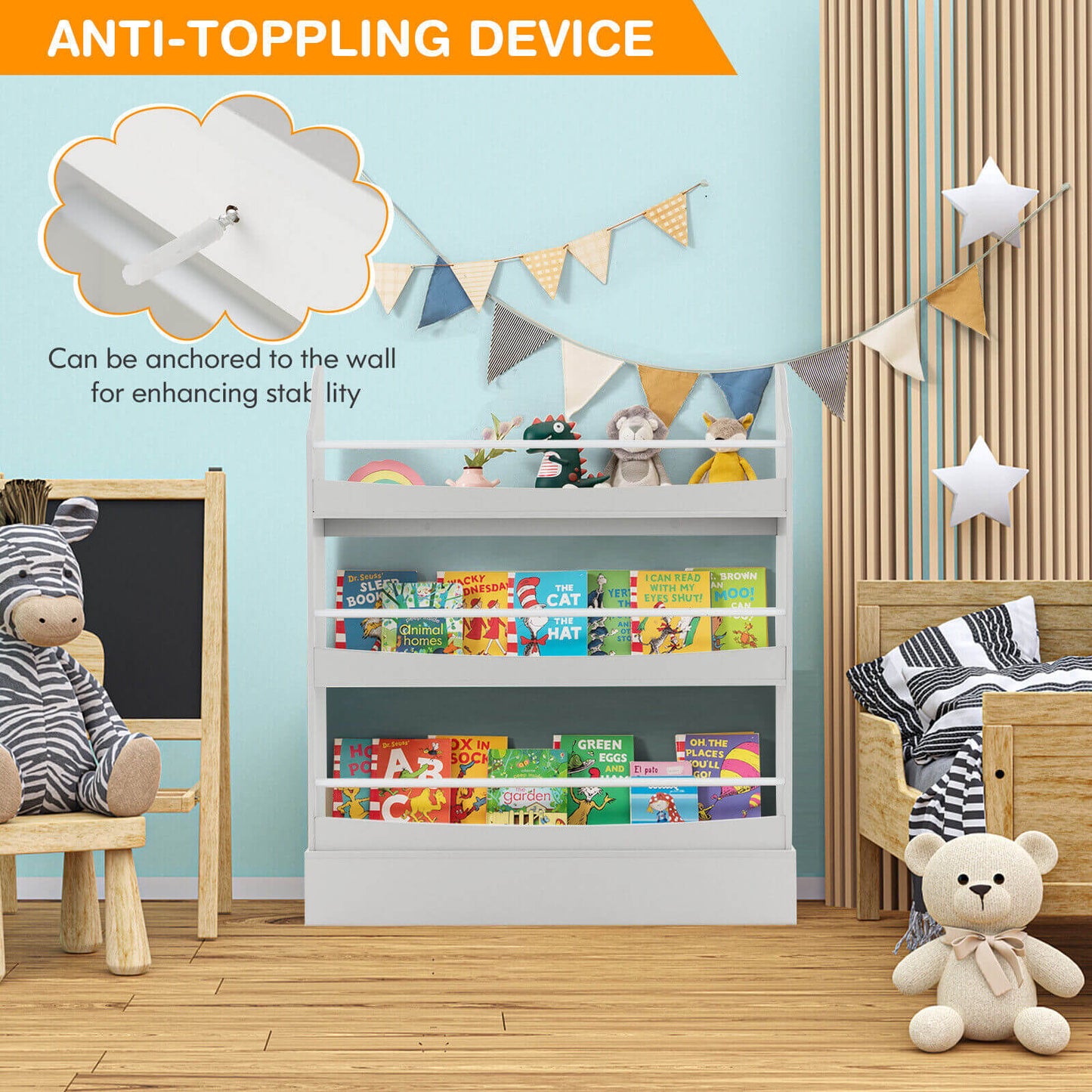 3-Tier Bookshelf with 2 Anti-Tipping Kits for Books and Magazines-Gray Kids Crystal