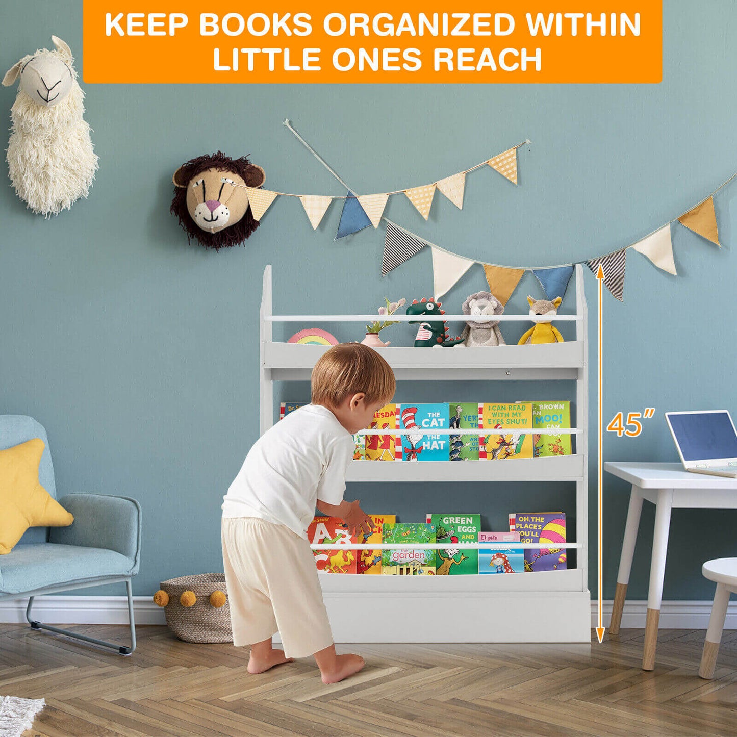 3-Tier Bookshelf with 2 Anti-Tipping Kits for Books and Magazines-Gray Kids Crystal