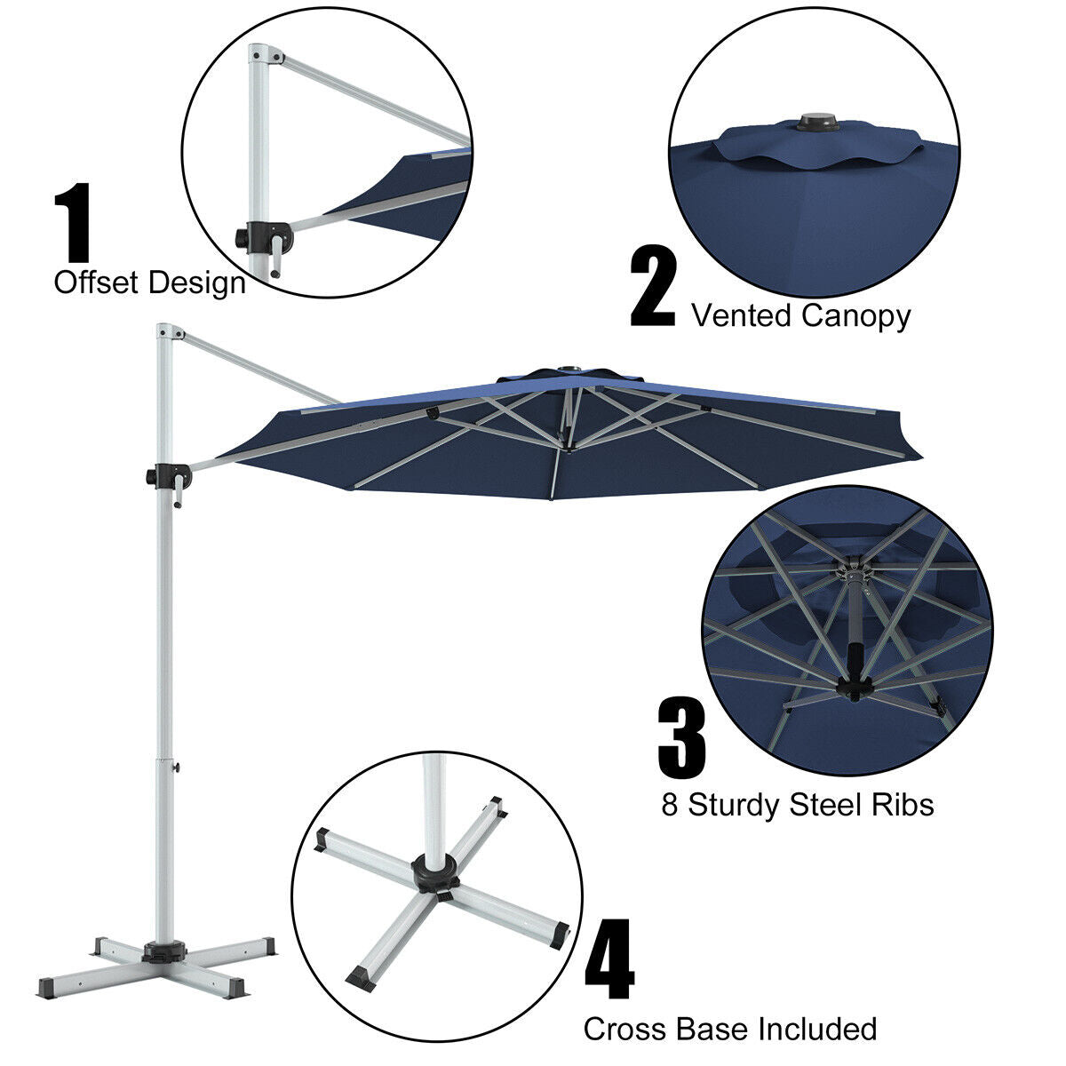 11 Feet Patio Offset Cantilever Umbrella 360° Rotation Aluminum Tilt-Navy Kids Crystal
