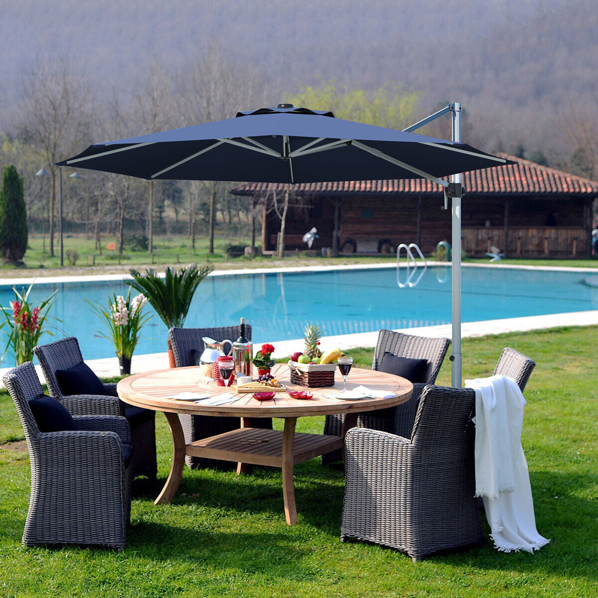 11 Feet Patio Offset Cantilever Umbrella 360° Rotation Aluminum Tilt-Navy Kids Crystal