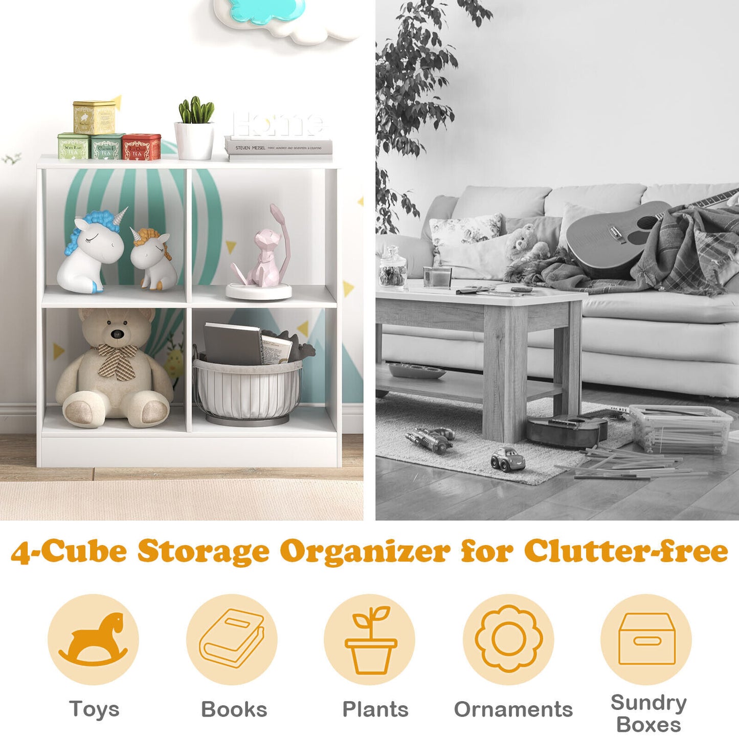 4-Cube Kids Bookcase with Open Shelves-White Kids Crystal