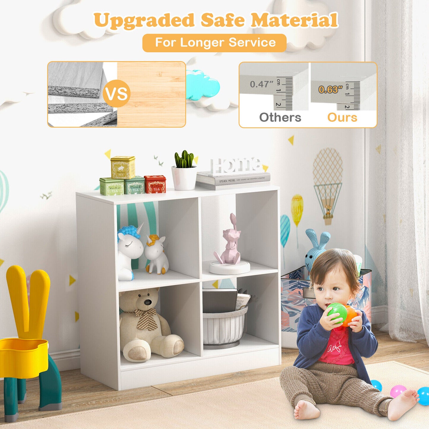 4-Cube Kids Bookcase with Open Shelves-White Kids Crystal