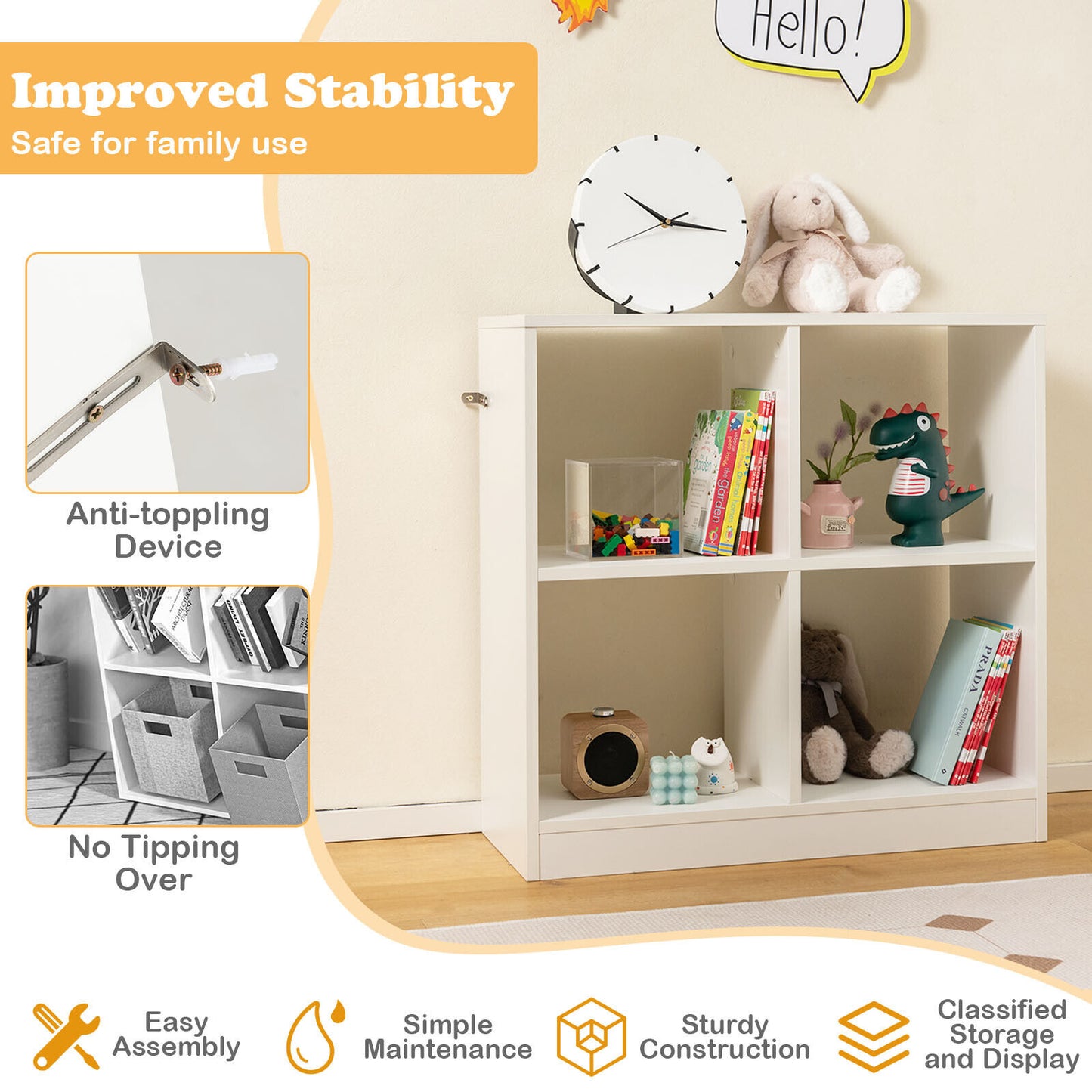 4-Cube Kids Bookcase with Open Shelves-White Kids Crystal