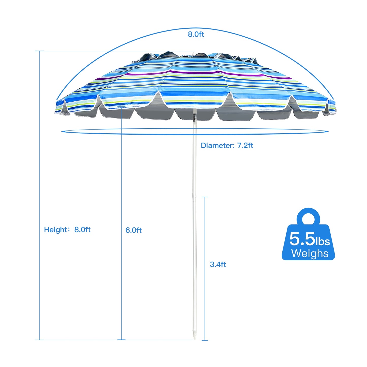 8FT Portable Beach Umbrella with Sand Anchor and Tilt Mechanism for Garden and Patio-Blue Kids Crystal
