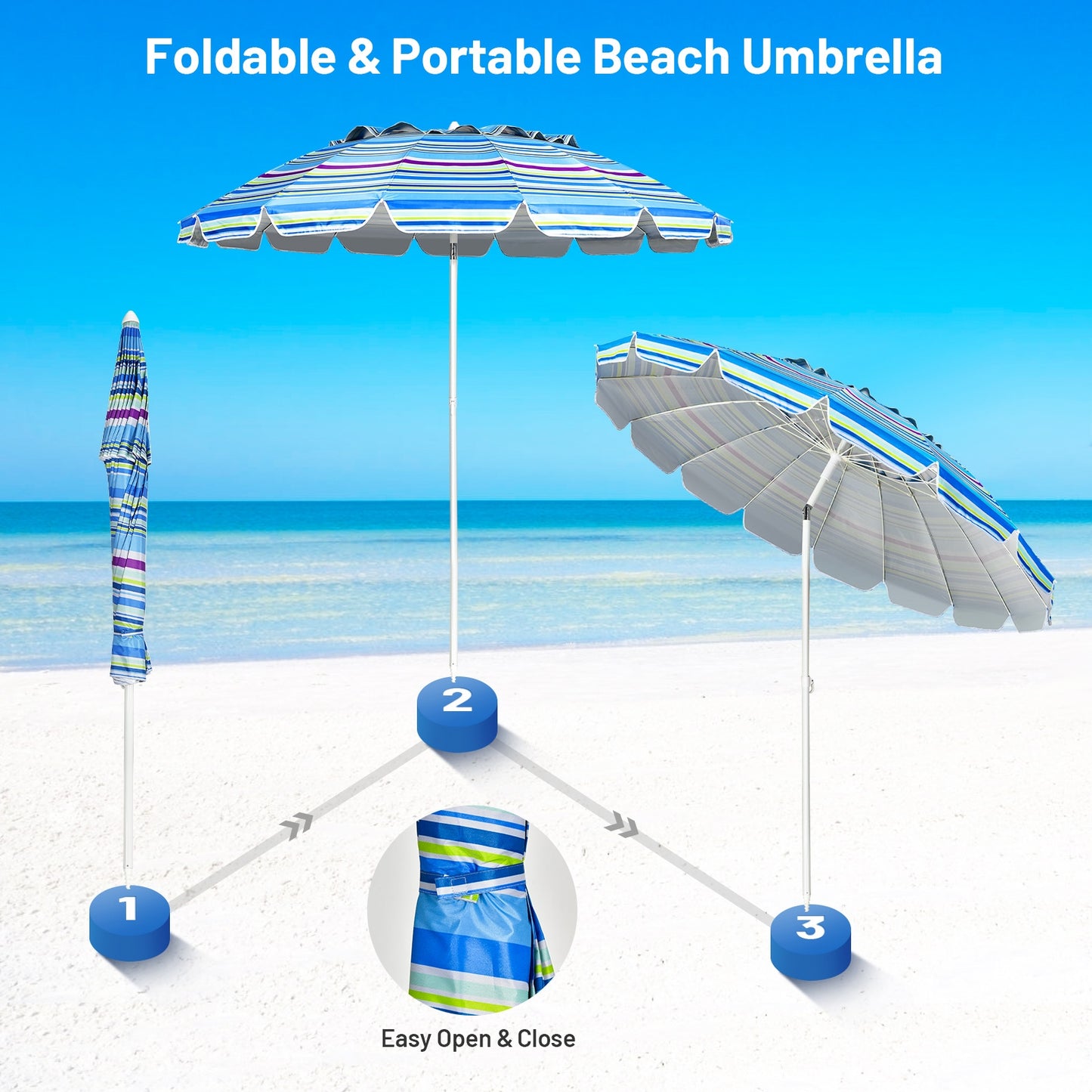 8FT Portable Beach Umbrella with Sand Anchor and Tilt Mechanism for Garden and Patio-Blue Kids Crystal