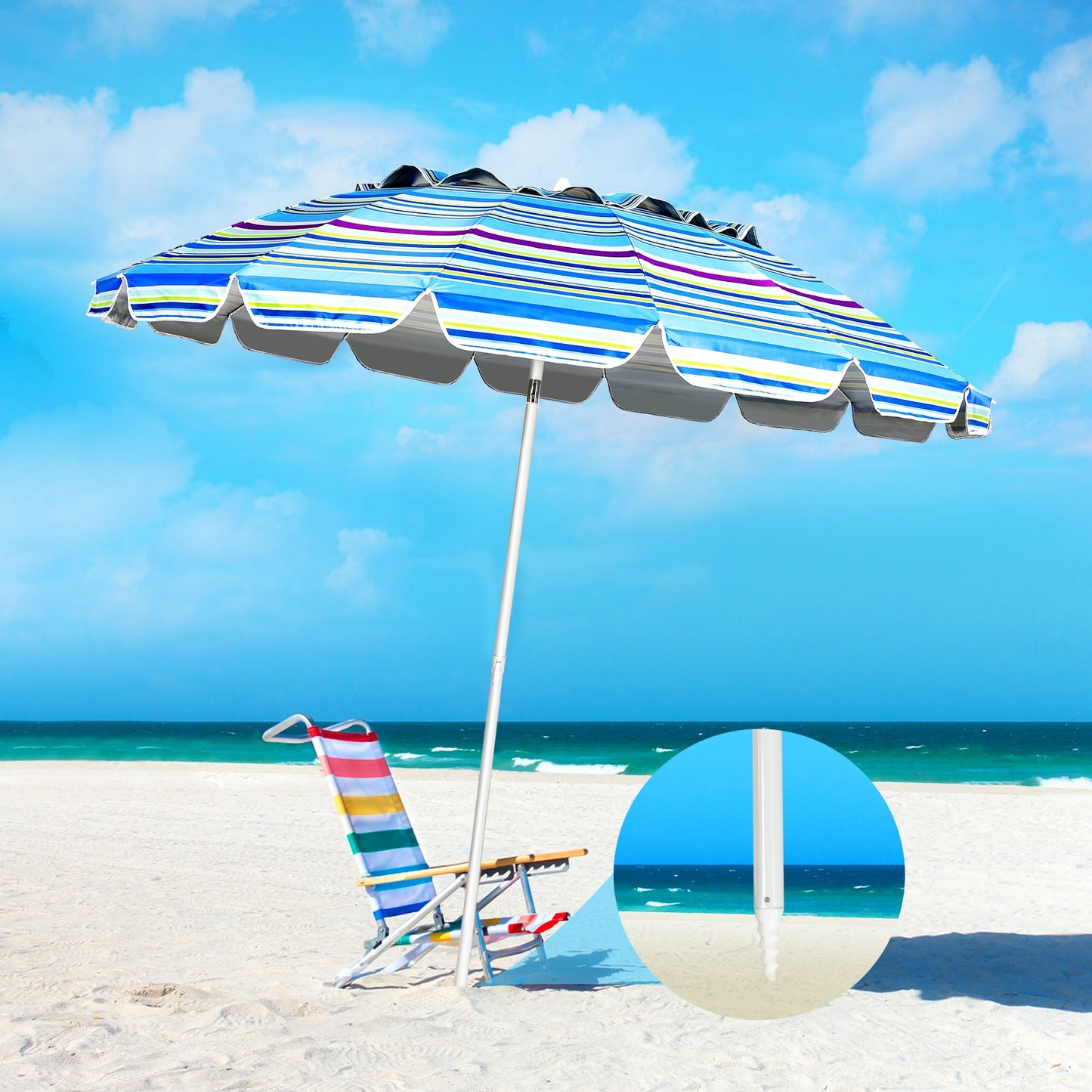 8FT Portable Beach Umbrella with Sand Anchor and Tilt Mechanism for Garden and Patio-Blue Kids Crystal