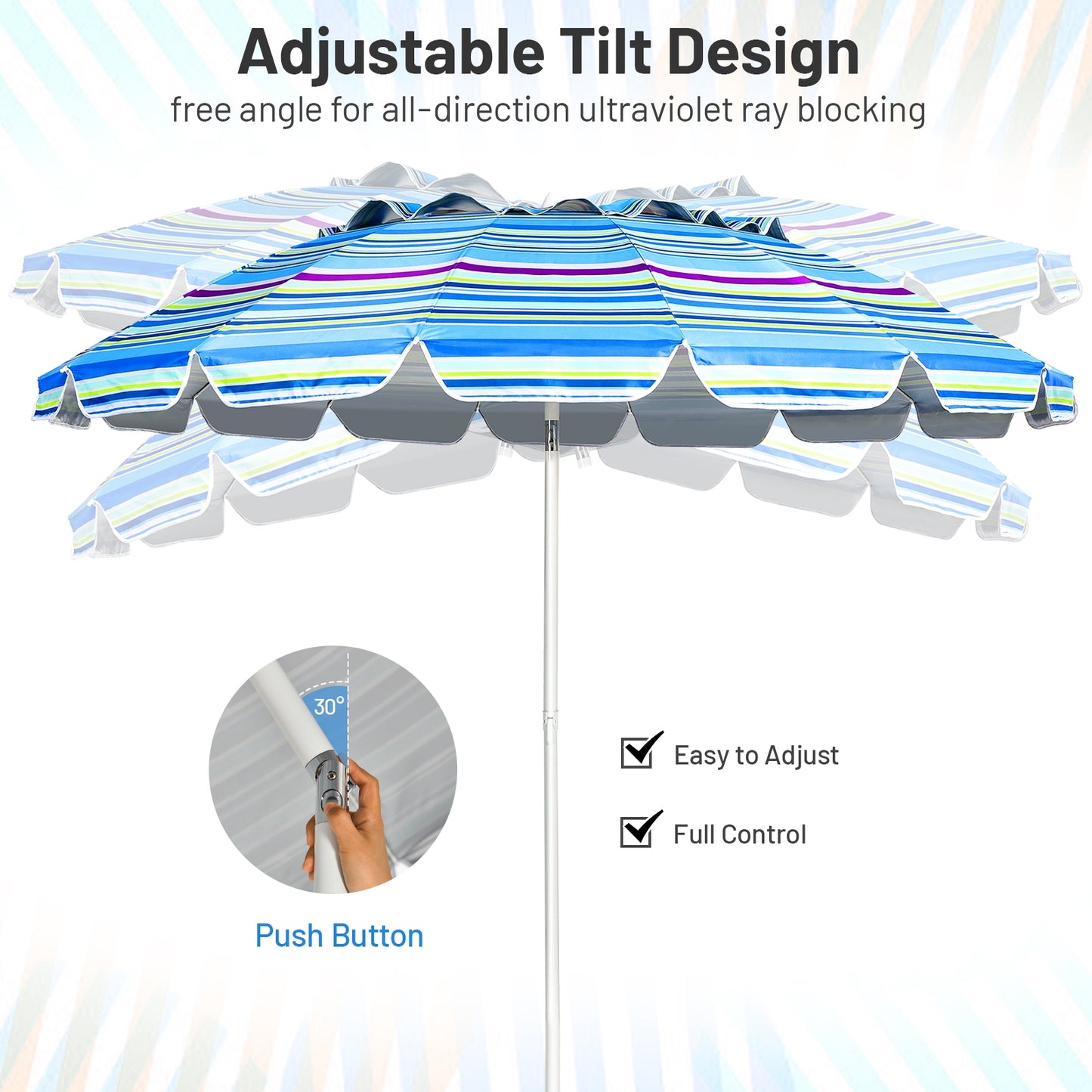 8FT Portable Beach Umbrella with Sand Anchor and Tilt Mechanism for Garden and Patio-Blue Kids Crystal