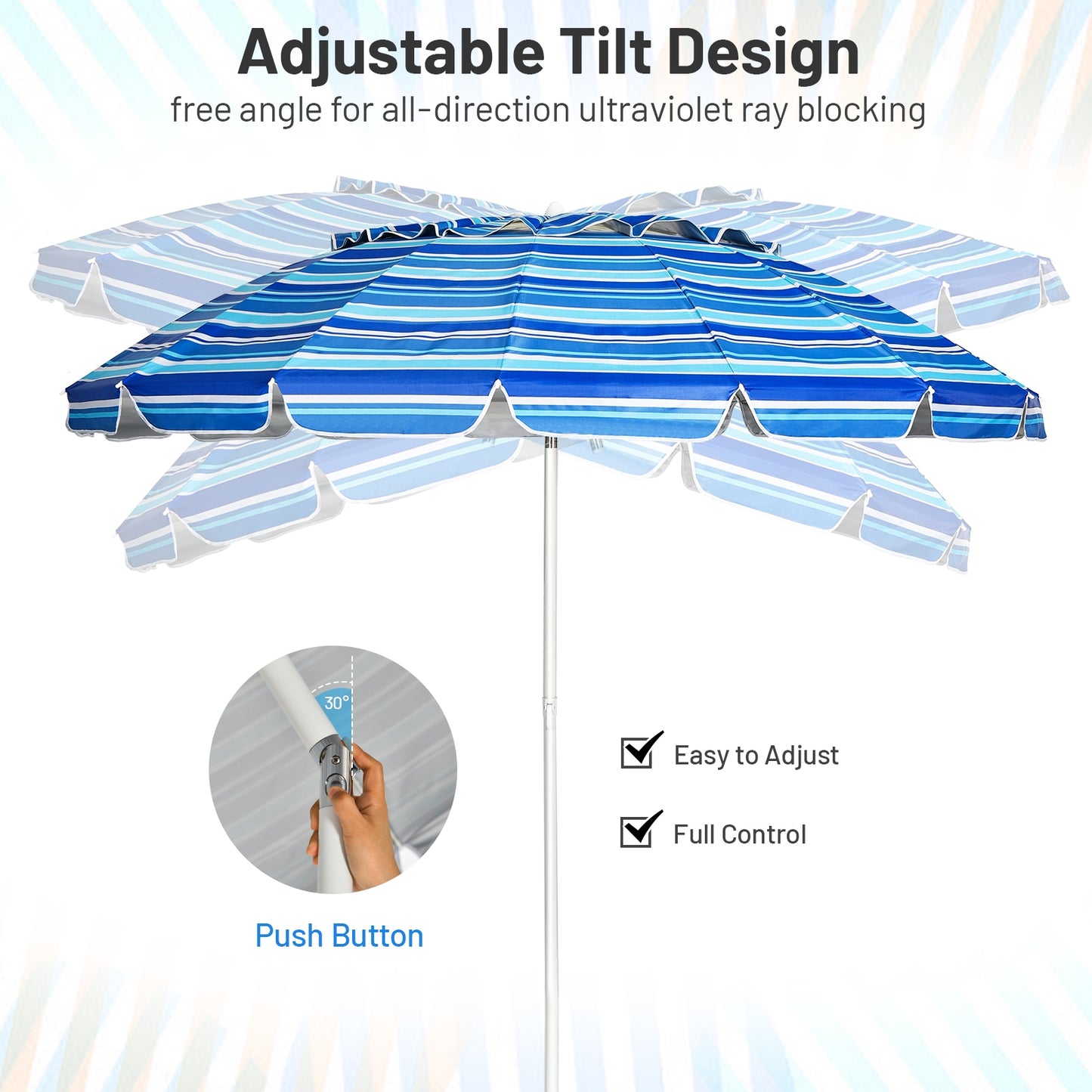 8FT Portable Beach Umbrella with Sand Anchor and Tilt Mechanism for Garden and Patio-Navy Kids Crystal