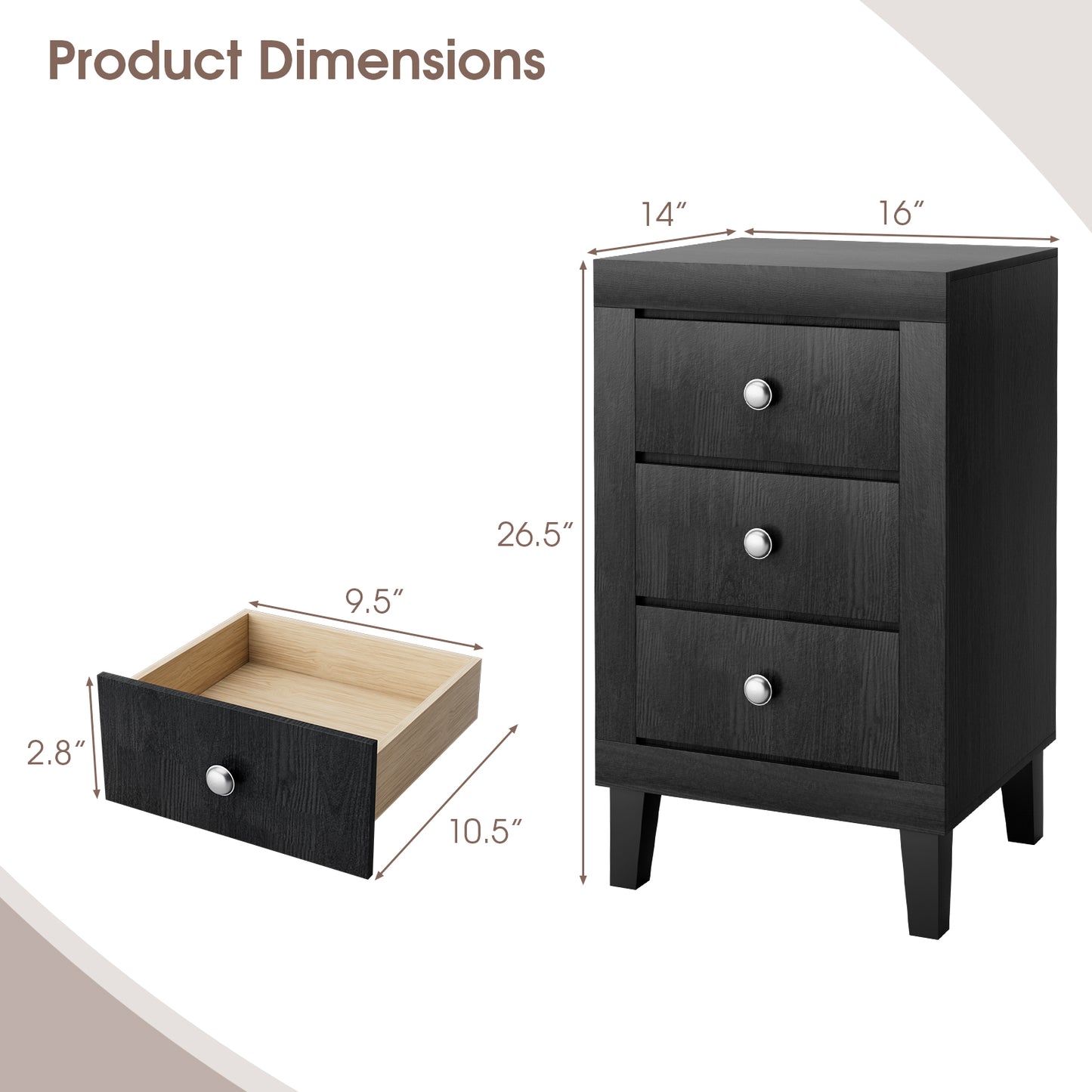 Modern Nightstand with 3 Drawers for Bedroom Living Room-Black Kids Crystal