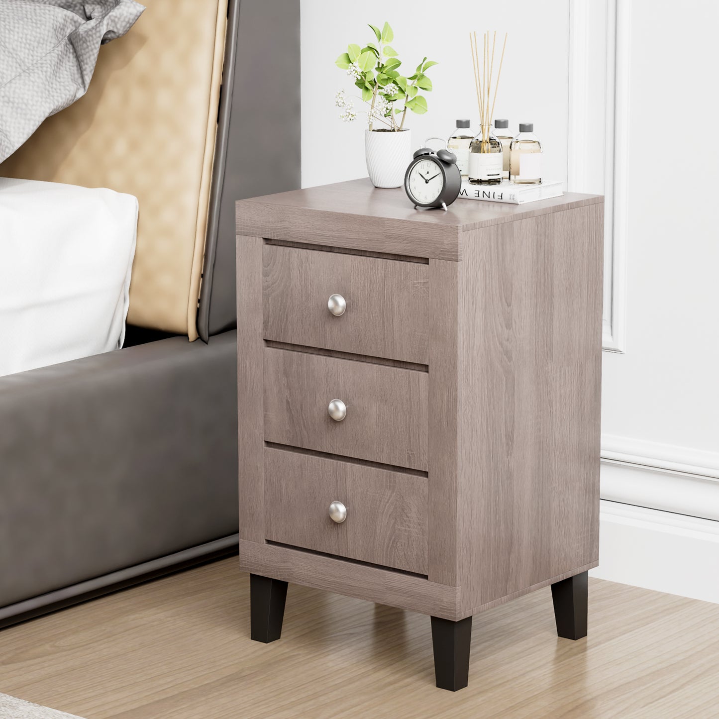 Modern Nightstand with 3 Drawers for Bedroom Living Room-Gray Kids Crystal