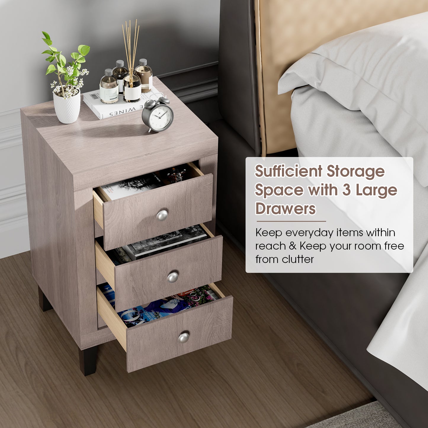 Modern Nightstand with 3 Drawers for Bedroom Living Room-Gray Kids Crystal