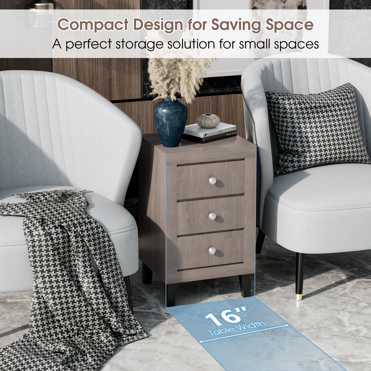 Modern Nightstand with 3 Drawers for Bedroom Living Room-Gray Kids Crystal