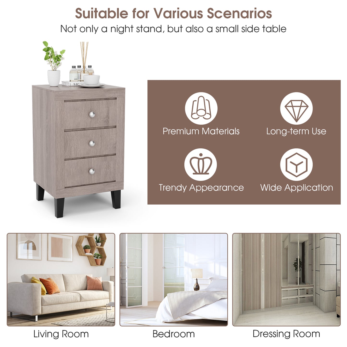 Modern Nightstand with 3 Drawers for Bedroom Living Room-Gray Kids Crystal