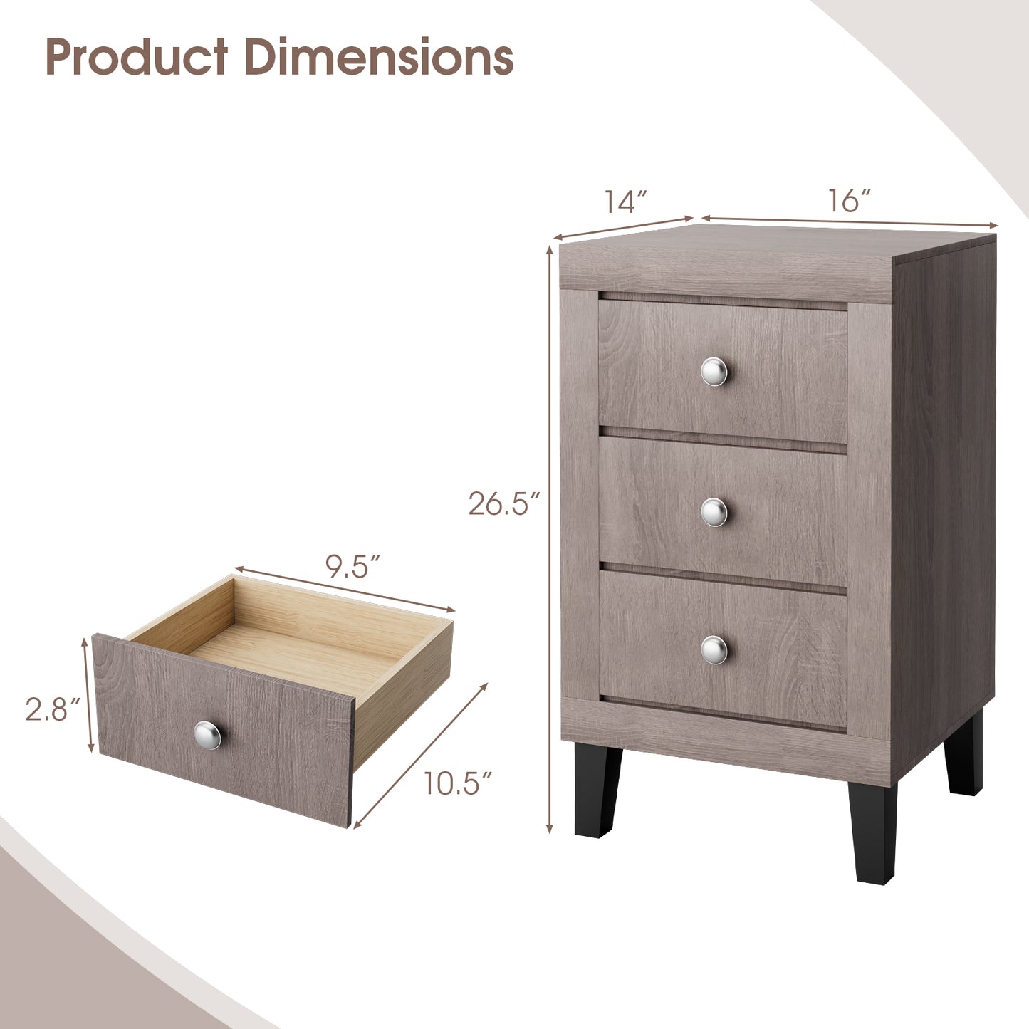 Modern Nightstand with 3 Drawers for Bedroom Living Room-Gray Kids Crystal