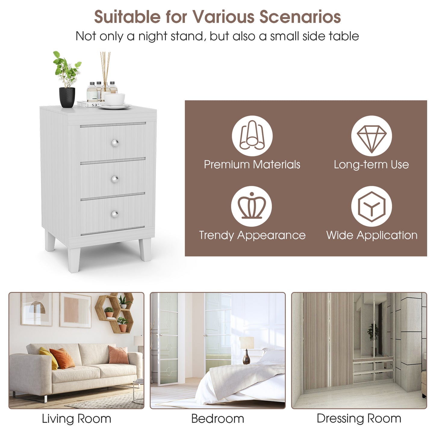 Modern Nightstand with 3 Drawers for Bedroom Living Room-White Kids Crystal