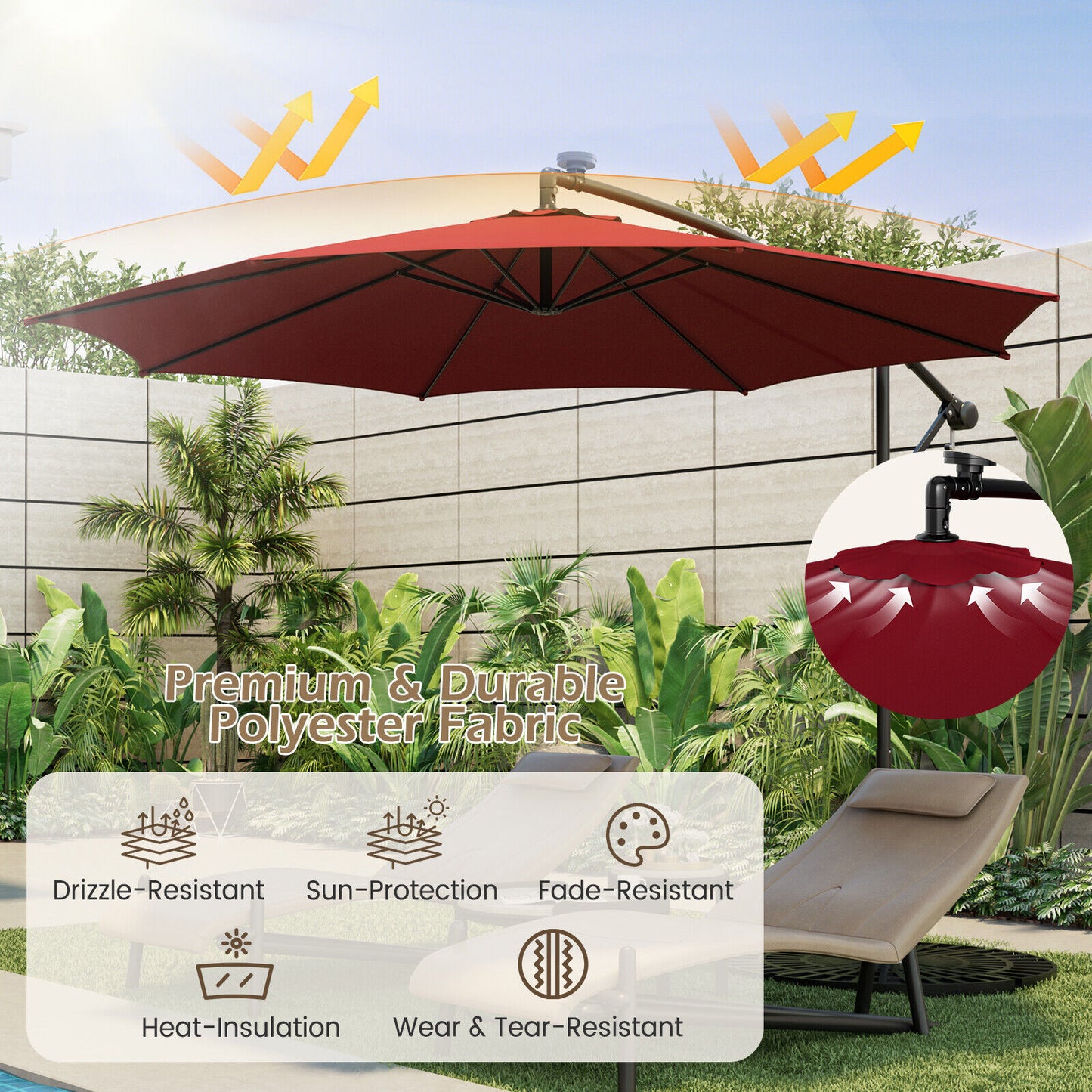10 Feet Patio Offset Umbrella with 112 Solar-Powered LED Lights-Beige-Wine Kids Crystal