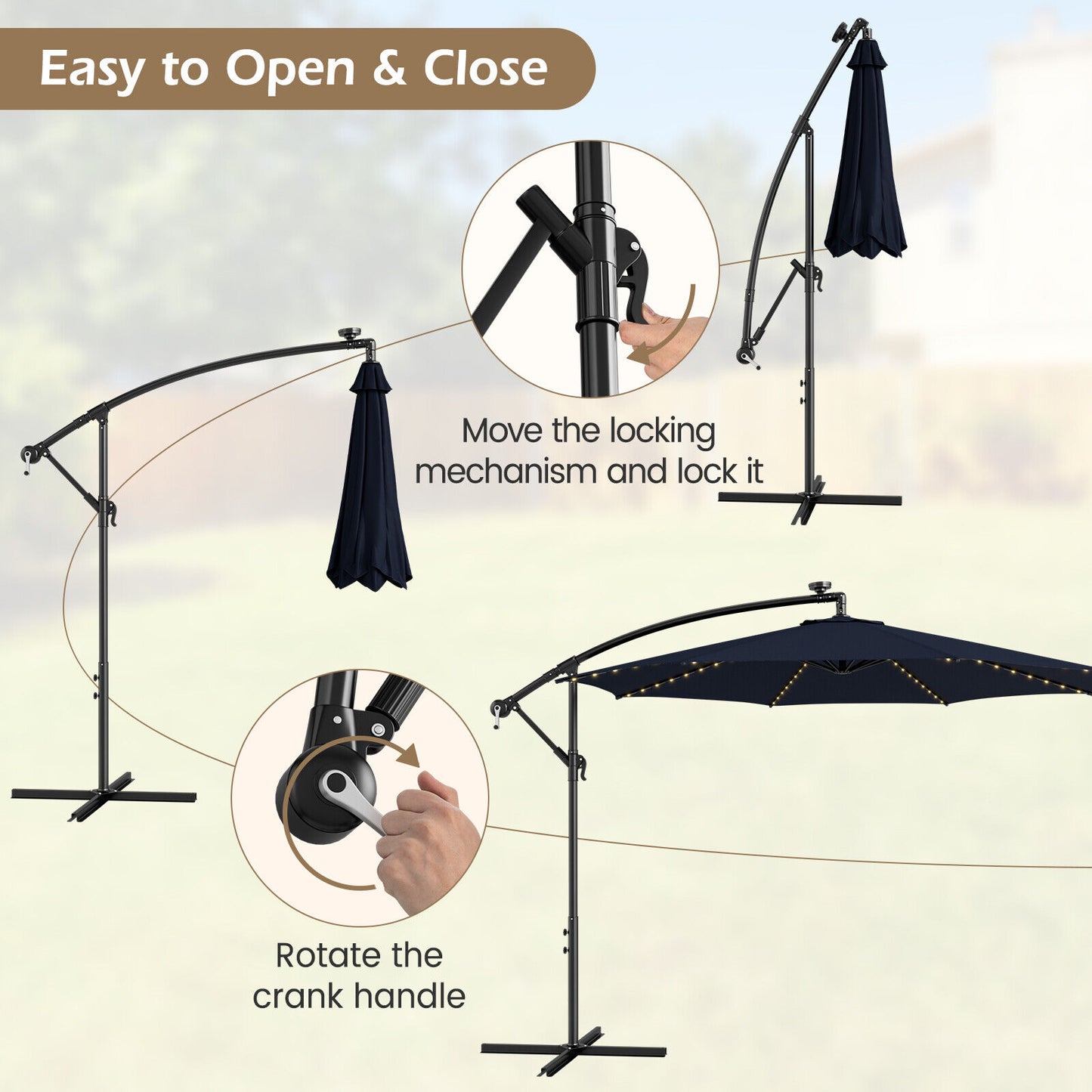 10 Feet Patio Offset Umbrella with 112 Solar-Powered LED Lights-Beige-Navy Kids Crystal