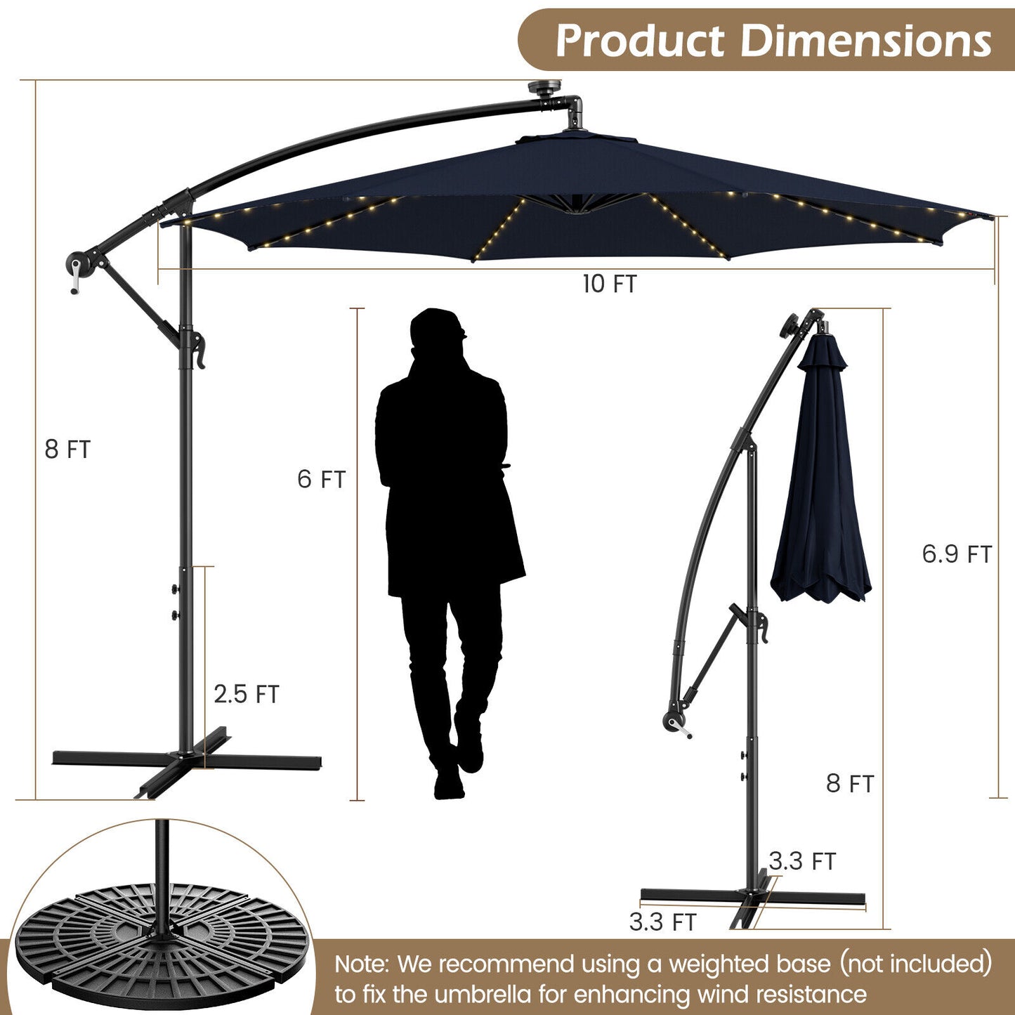 10 Feet Patio Offset Umbrella with 112 Solar-Powered LED Lights-Beige-Navy Kids Crystal