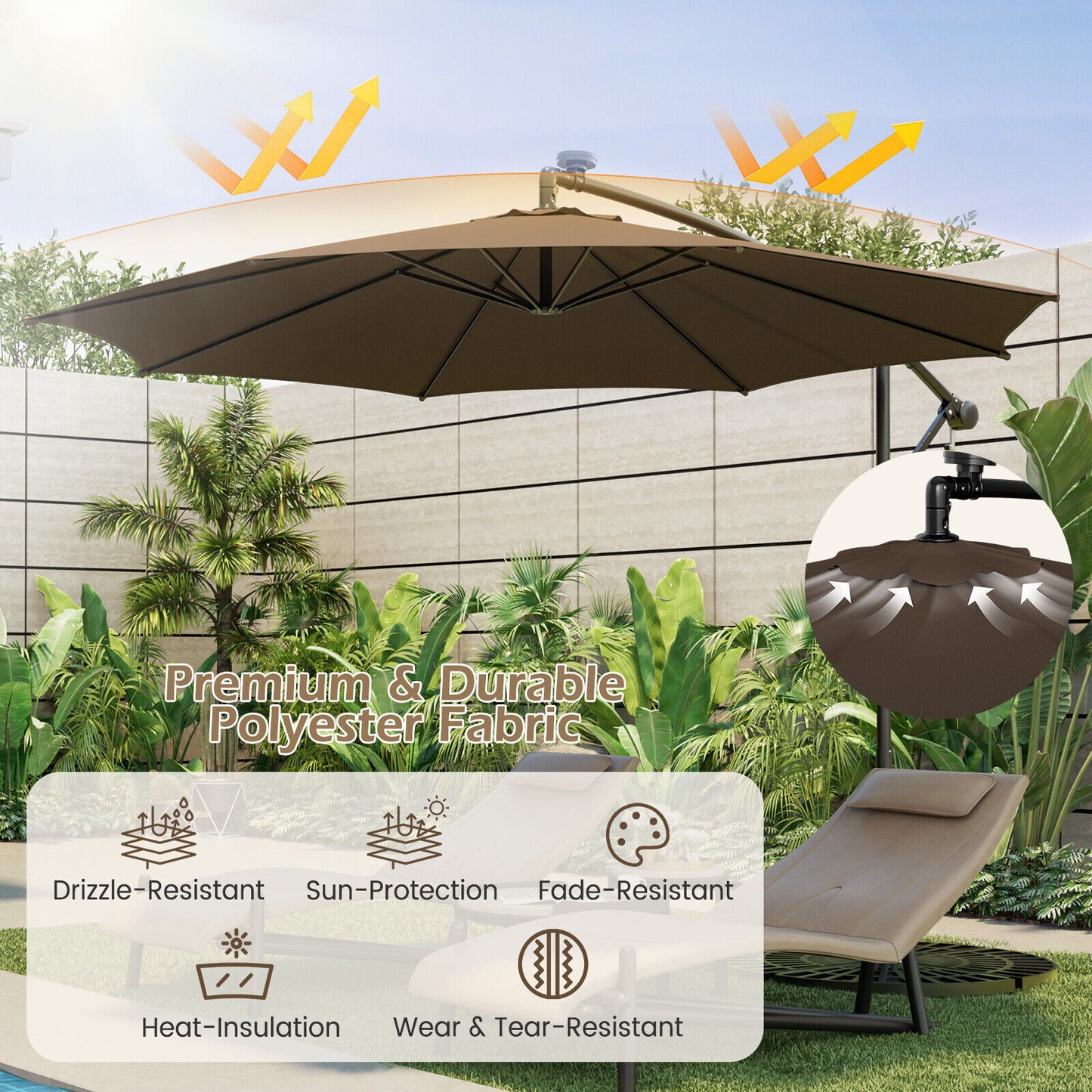 10 Feet Patio Offset Umbrella with 112 Solar-Powered LED Lights-Beige-Coffee Kids Crystal