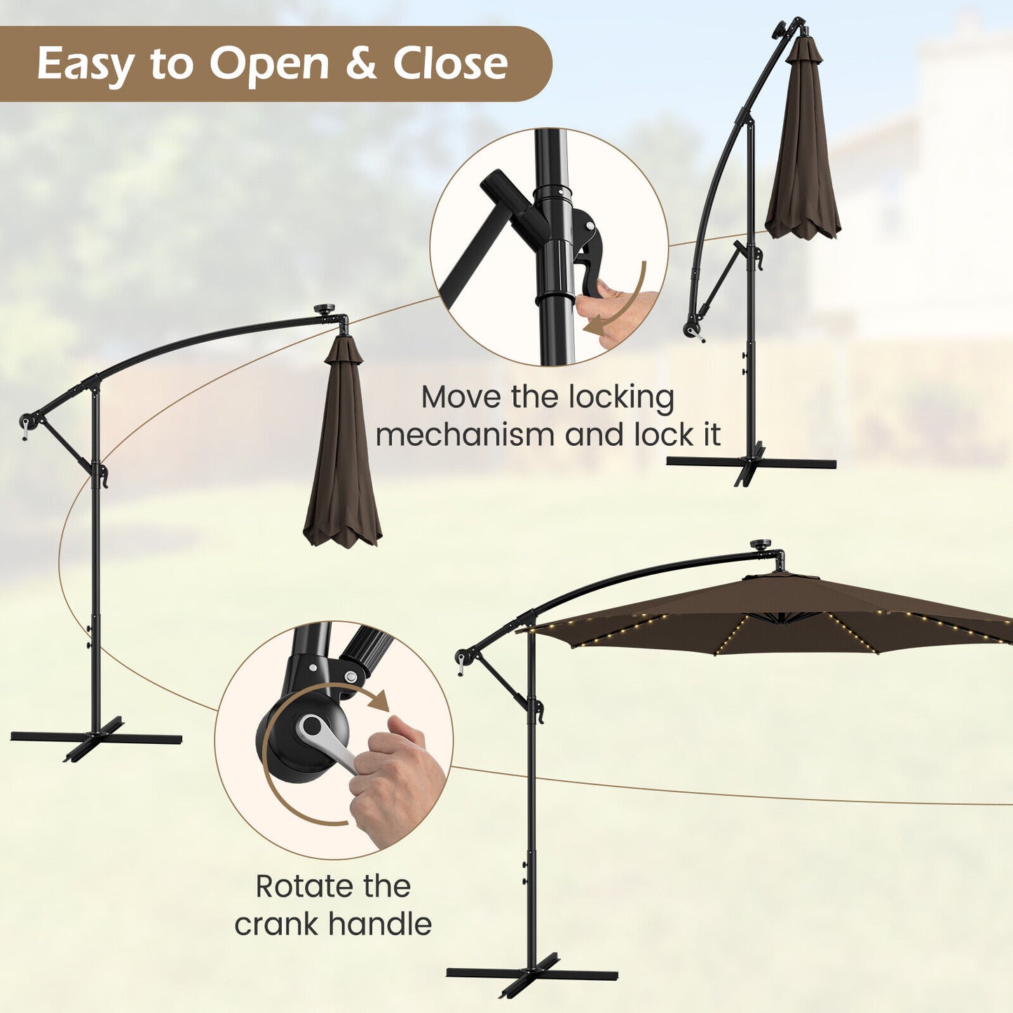 10 Feet Patio Offset Umbrella with 112 Solar-Powered LED Lights-Beige-Coffee Kids Crystal