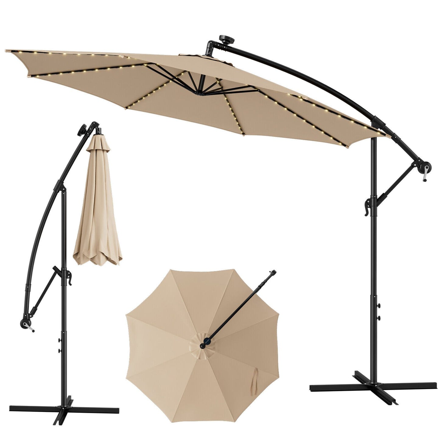 10 Feet Patio Offset Umbrella with 112 Solar-Powered LED Lights-Beige-Beige Kids Crystal