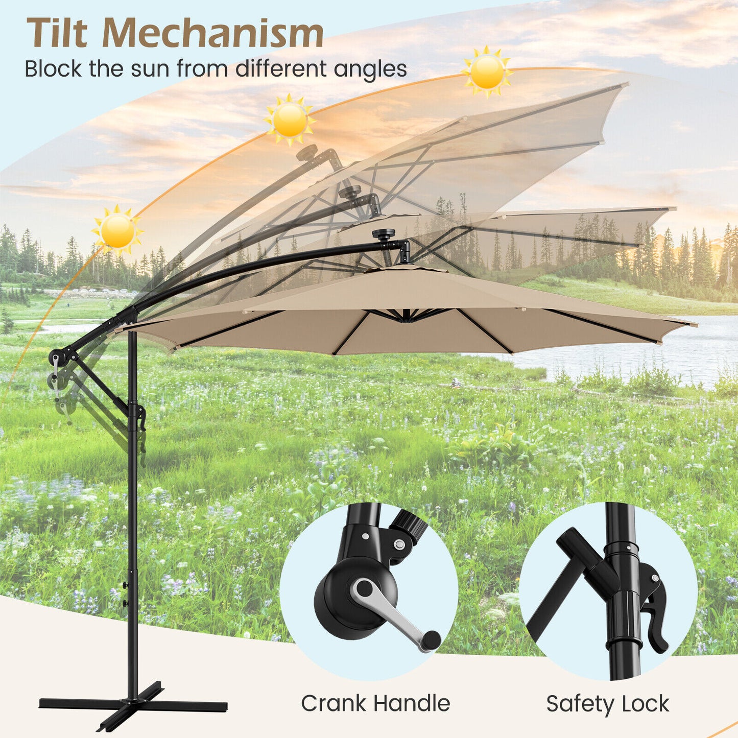 10 Feet Patio Offset Umbrella with 112 Solar-Powered LED Lights-Beige-Beige Kids Crystal