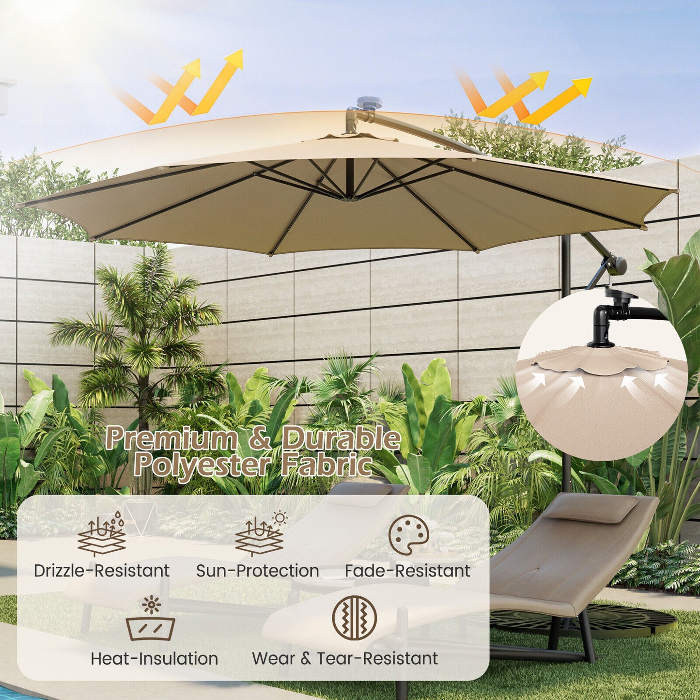 10 Feet Patio Offset Umbrella with 112 Solar-Powered LED Lights-Beige-Beige Kids Crystal