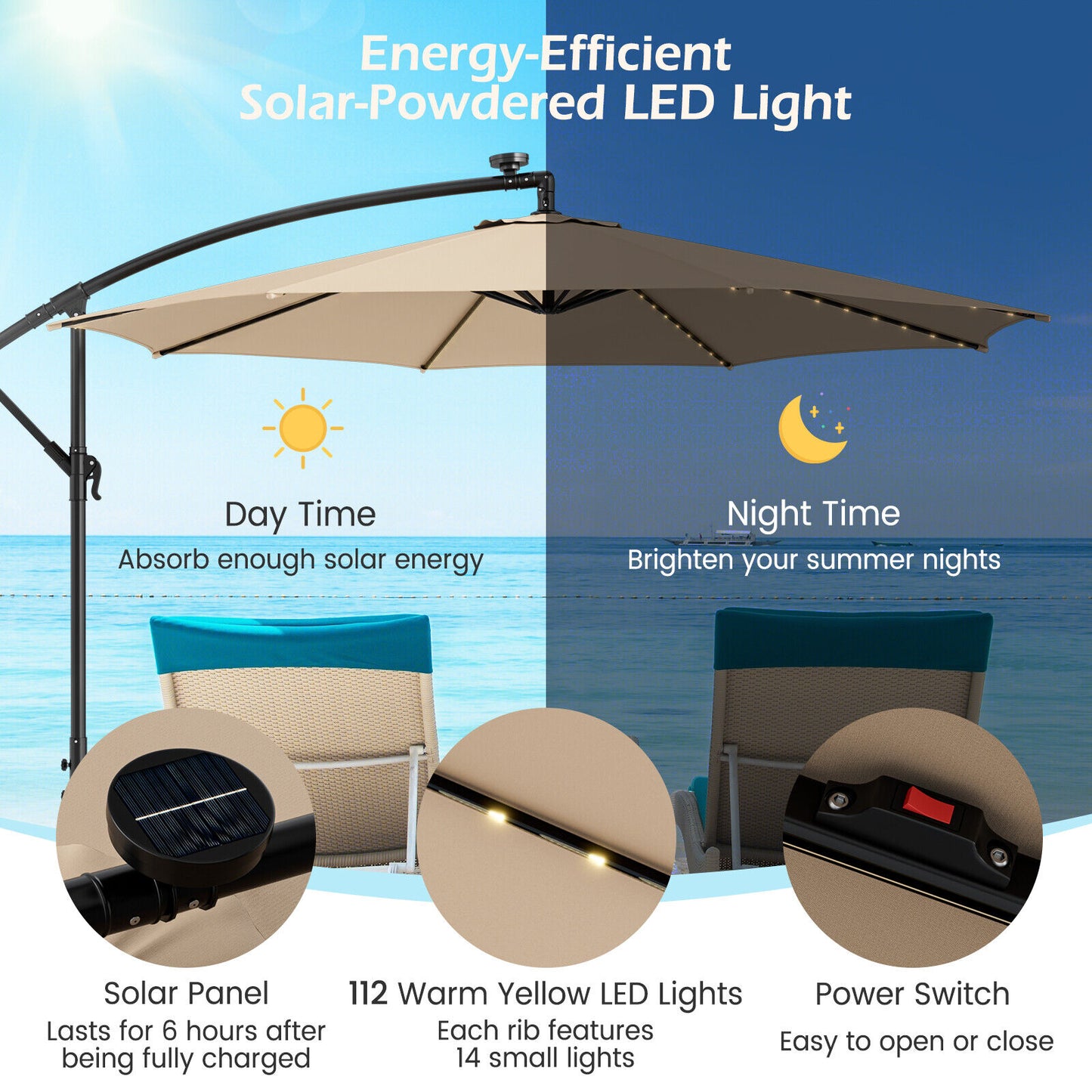 10 Feet Patio Offset Umbrella with 112 Solar-Powered LED Lights-Beige-Beige Kids Crystal