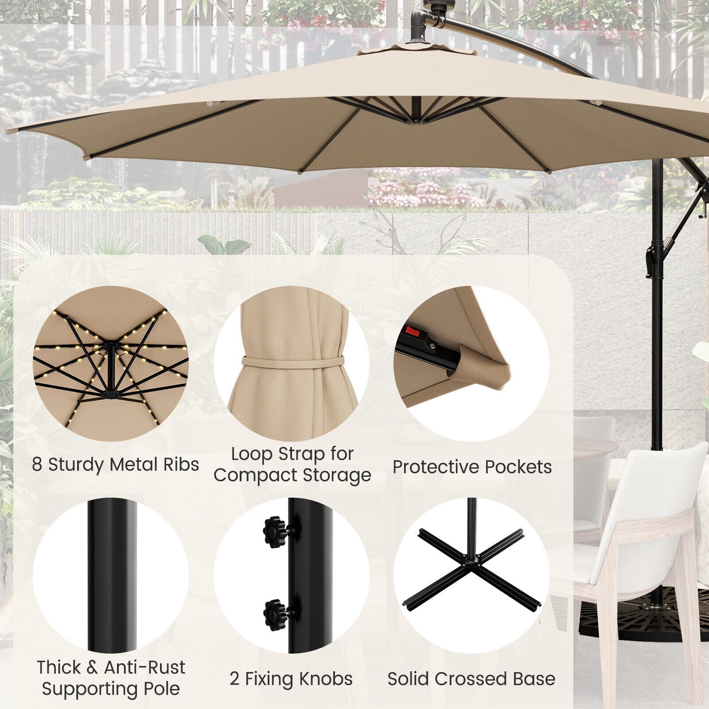 10 Feet Patio Offset Umbrella with 112 Solar-Powered LED Lights-Beige-Beige Kids Crystal