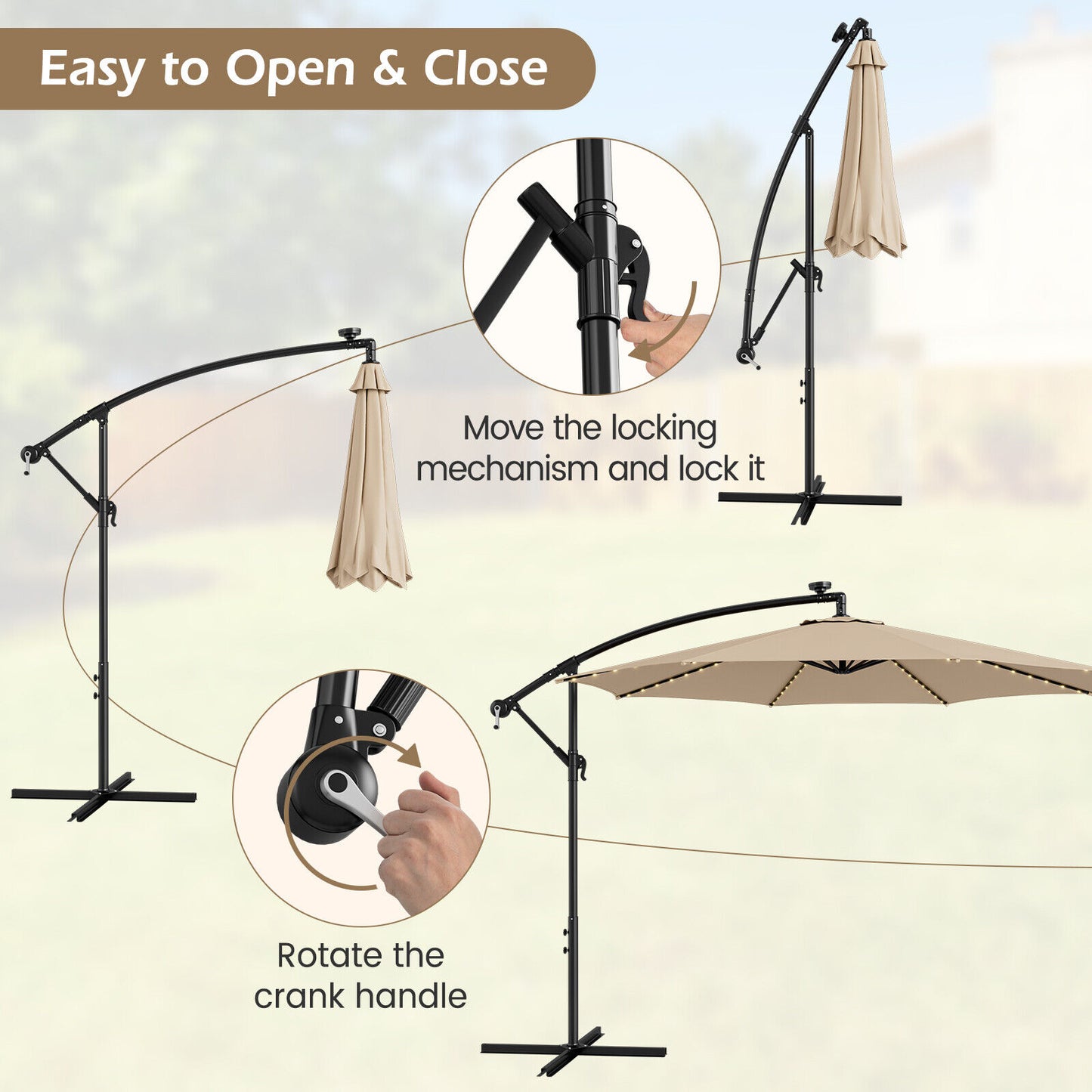10 Feet Patio Offset Umbrella with 112 Solar-Powered LED Lights-Beige-Beige Kids Crystal