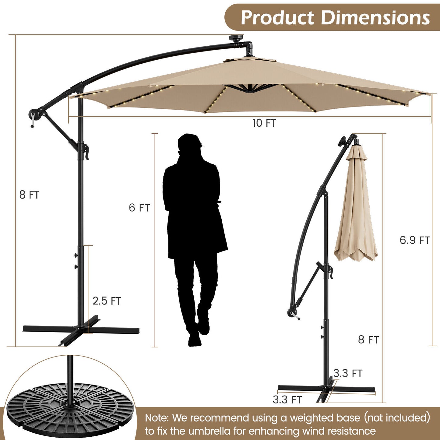 10 Feet Patio Offset Umbrella with 112 Solar-Powered LED Lights-Beige-Beige Kids Crystal