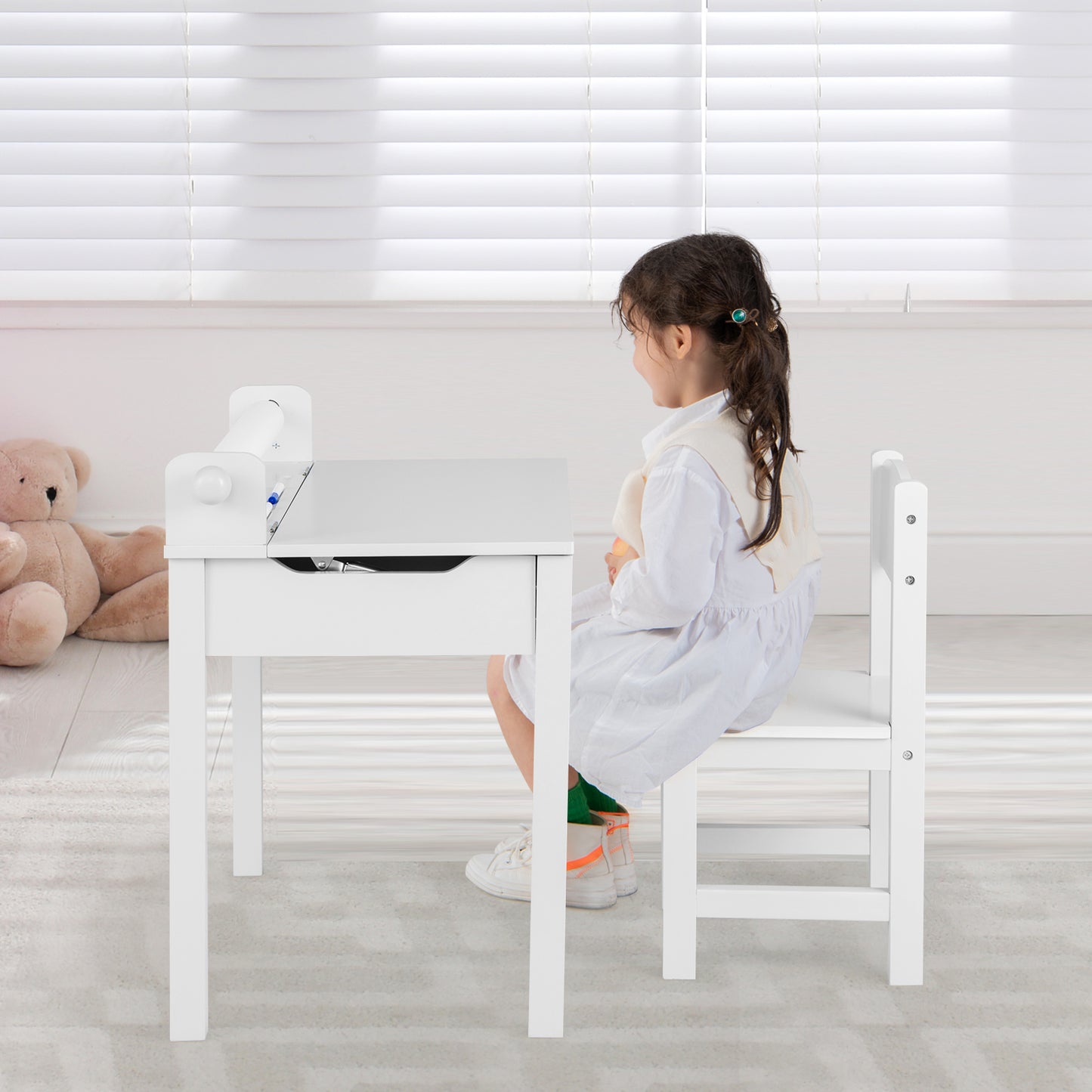 Wooden Kids Table and Chair Set with Storage and Paper Roll Holder-White Kids Crystal