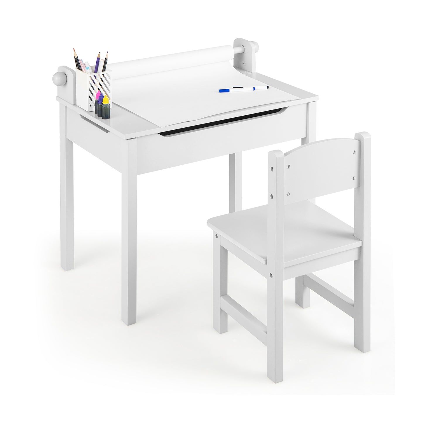 Wooden Kids Table and Chair Set with Storage and Paper Roll Holder-White Kids Crystal