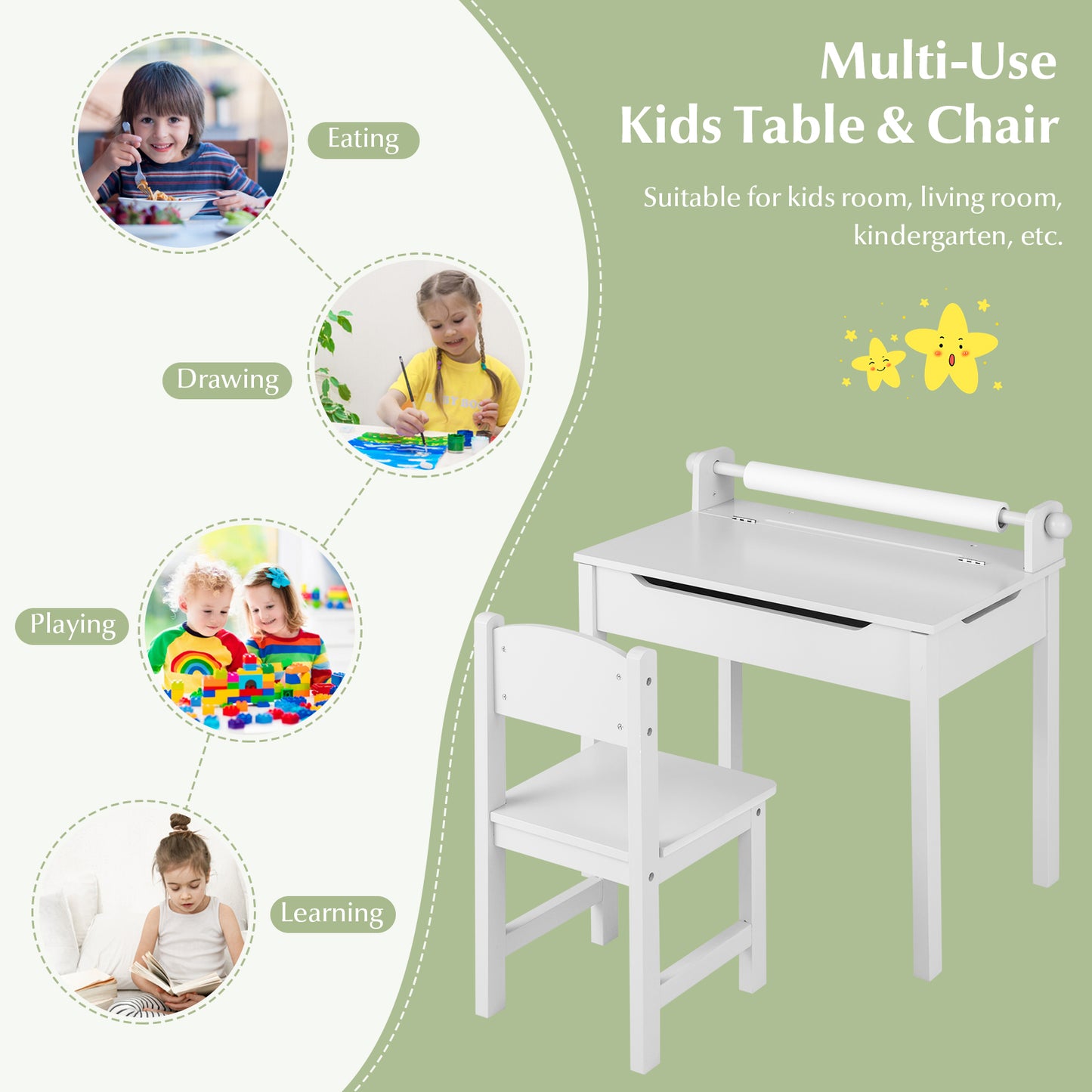 Wooden Kids Table and Chair Set with Storage and Paper Roll Holder-White Kids Crystal