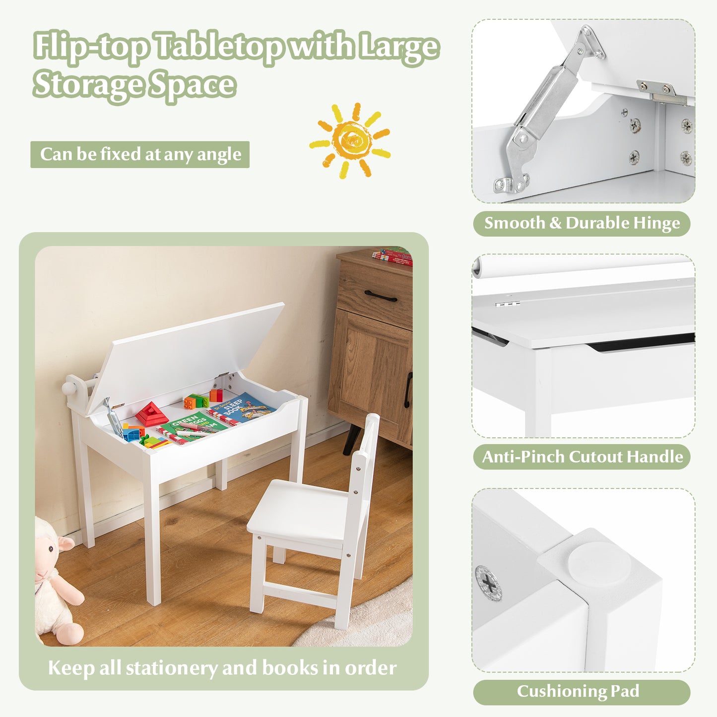 Wooden Kids Table and Chair Set with Storage and Paper Roll Holder-White Kids Crystal