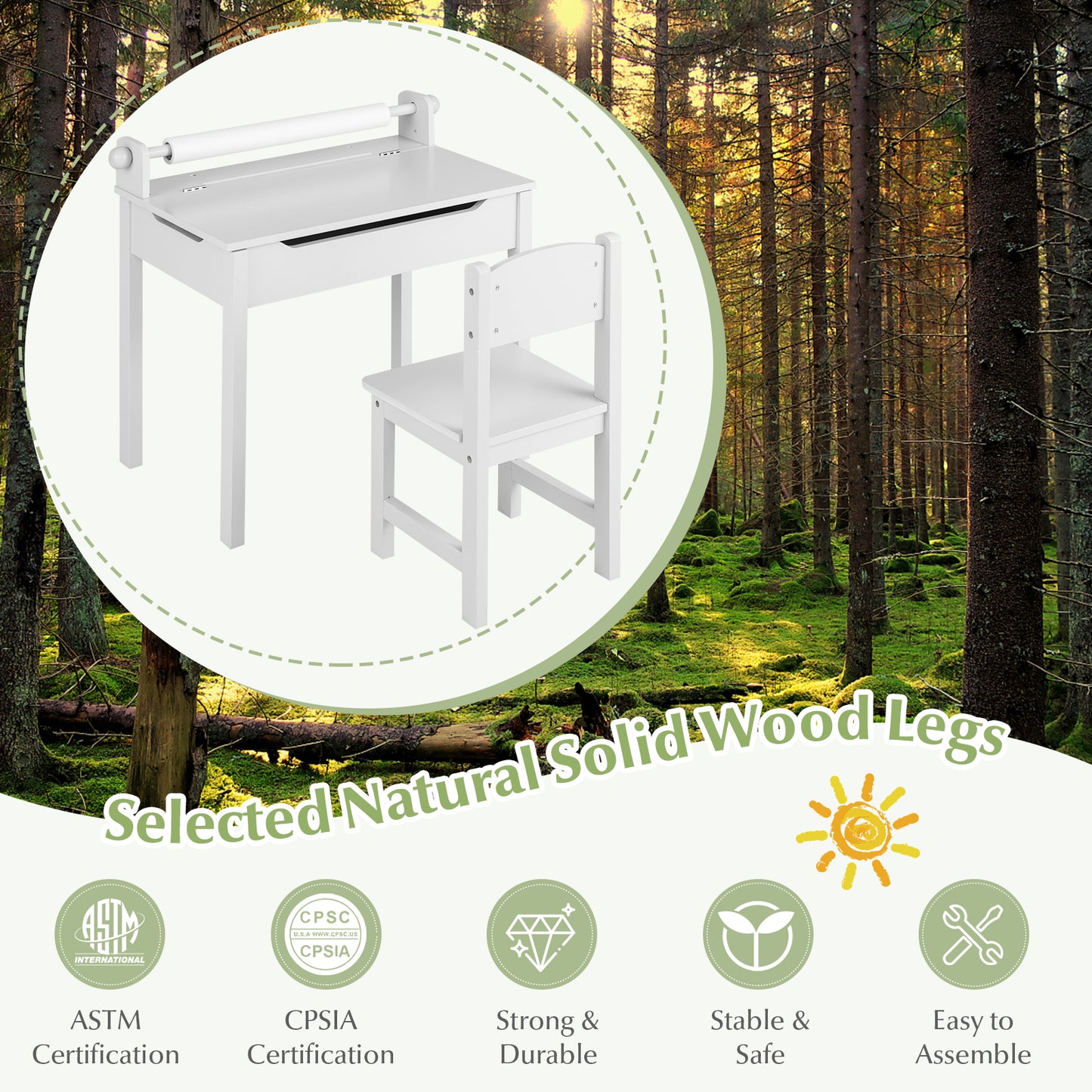 Wooden Kids Table and Chair Set with Storage and Paper Roll Holder-White Kids Crystal