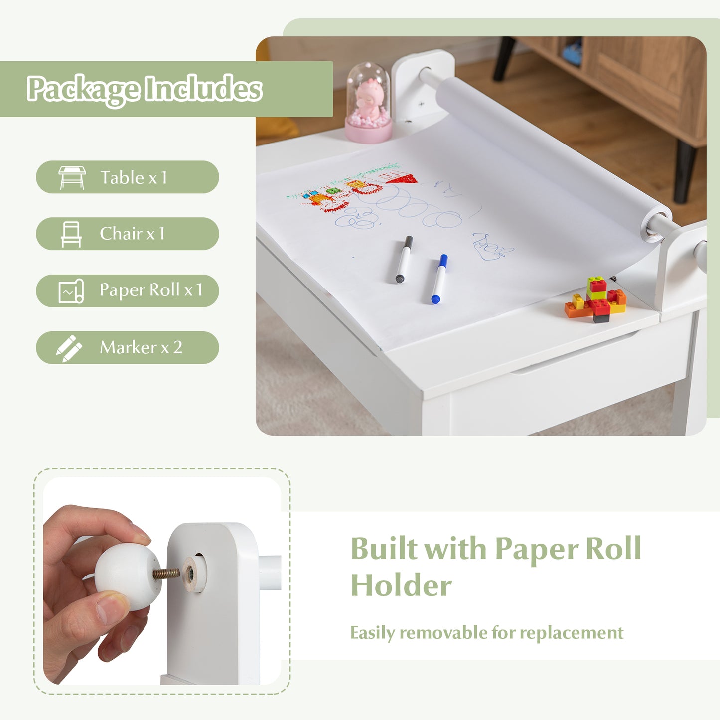 Wooden Kids Table and Chair Set with Storage and Paper Roll Holder-White Kids Crystal