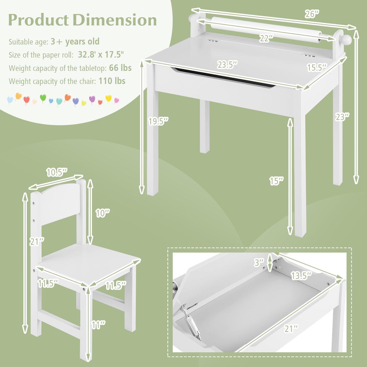 Wooden Kids Table and Chair Set with Storage and Paper Roll Holder-White Kids Crystal