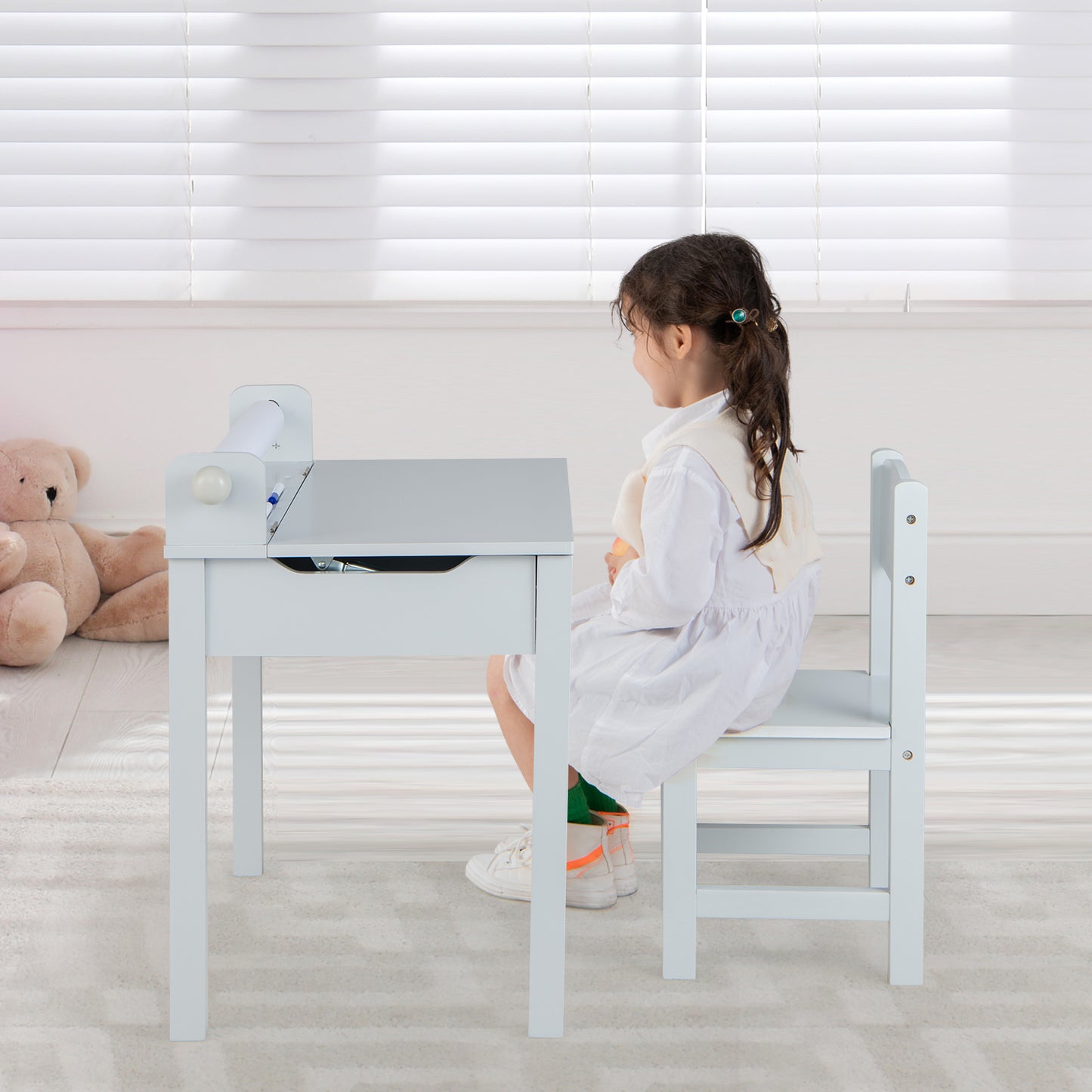 Wooden Kids Table and Chair Set with Storage and Paper Roll Holder-Gray Kids Crystal