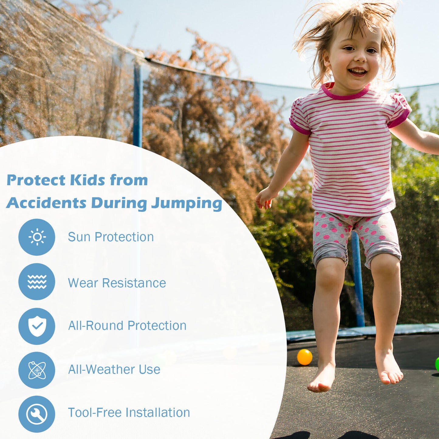 15/16 Feet Trampoline Replacement Safety Net with Adjustable Straps-16 ft Kids Crystal
