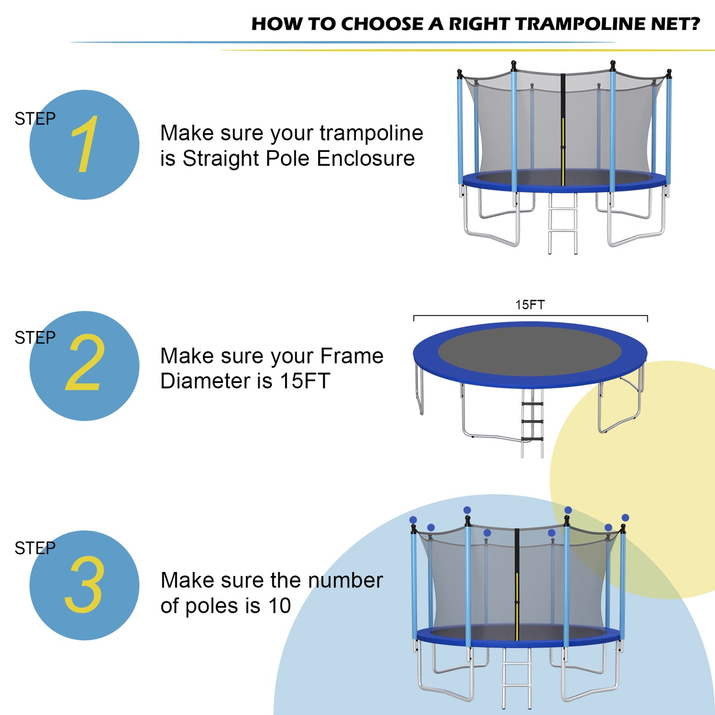 15/16 Feet Trampoline Replacement Safety Net with Adjustable Straps-15 ft Kids Crystal